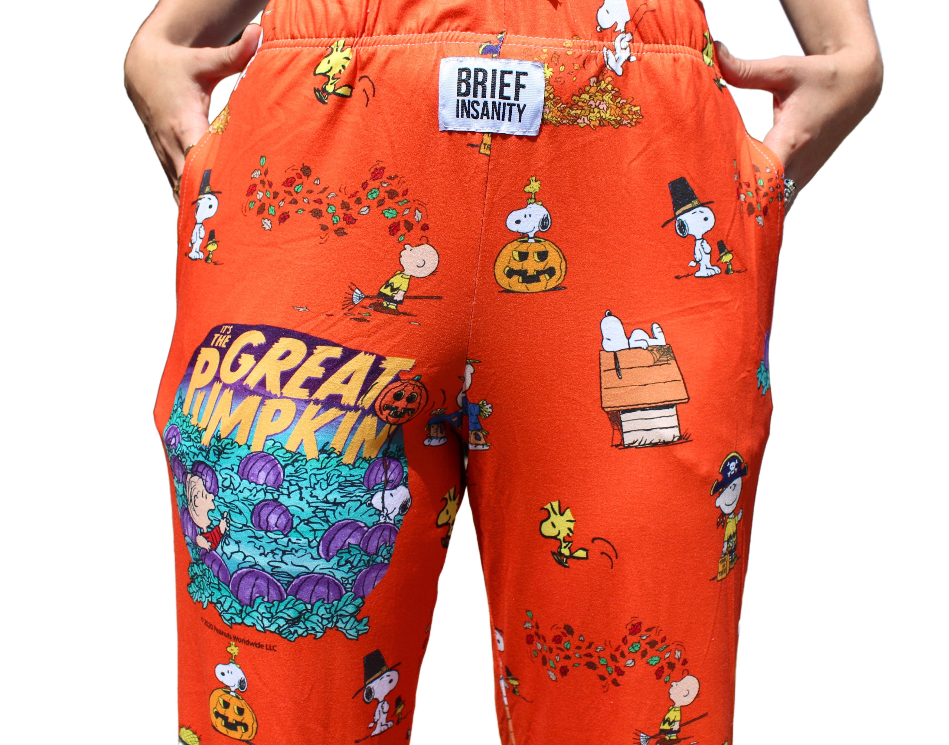 Snoopy Great Pumpkin pajama lounge pants on model close up front view