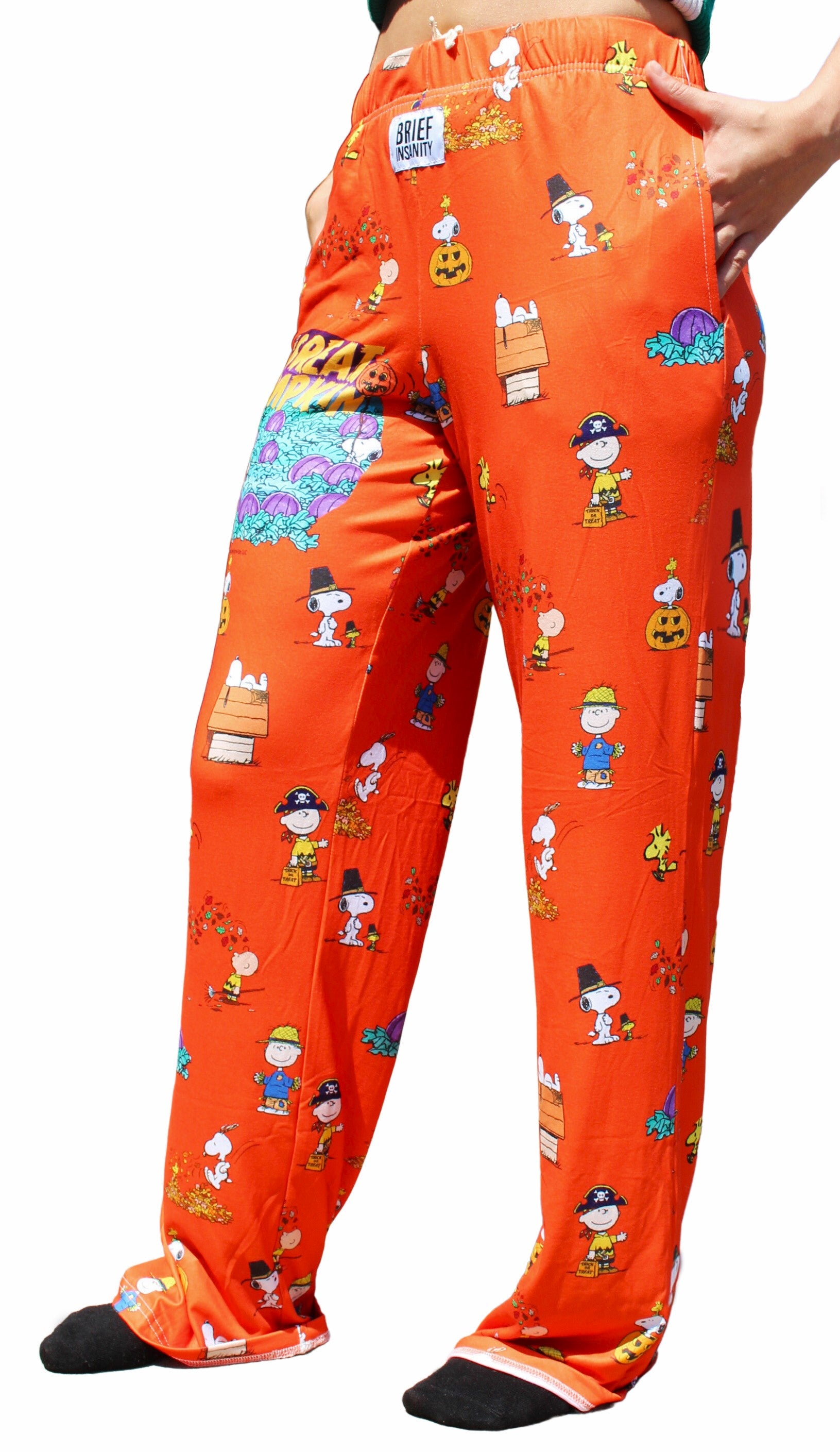 Snoopy Great Pumpkin pajama lounge pants on model left side view