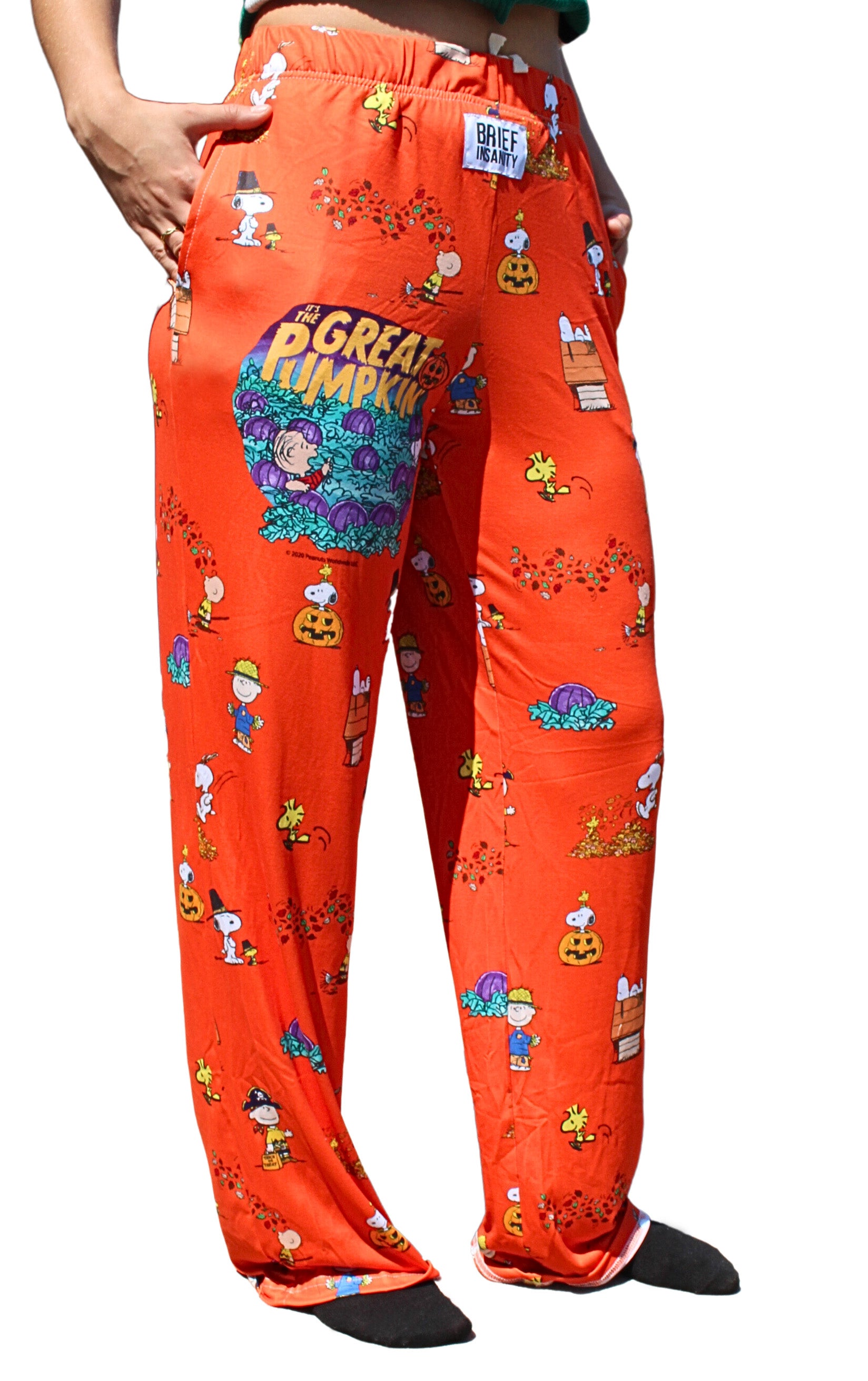 Snoopy Great Pumpkin pajama lounge pants on model right side view