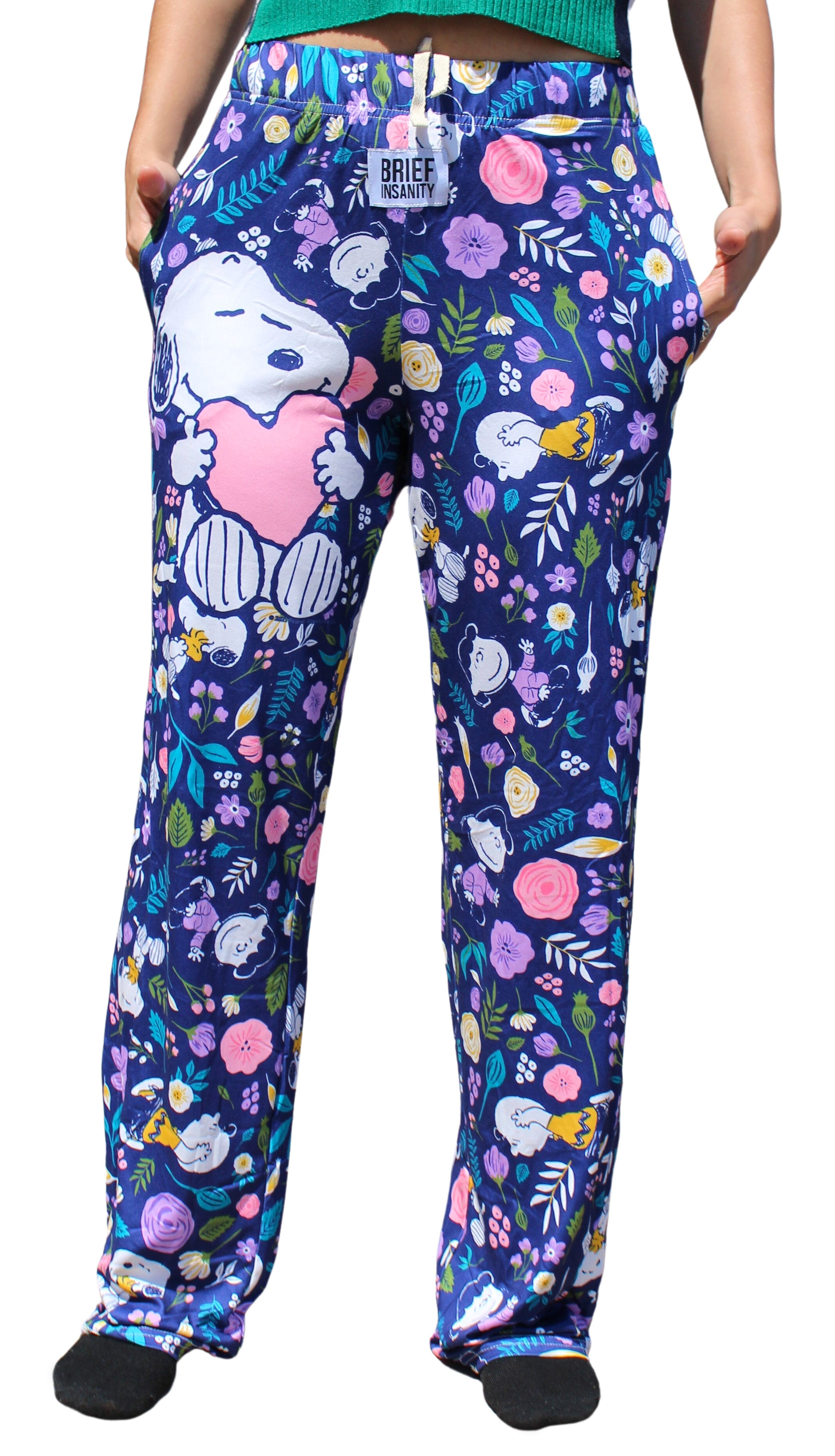 Snoopy Floral Love pajama lounge pants on model front view