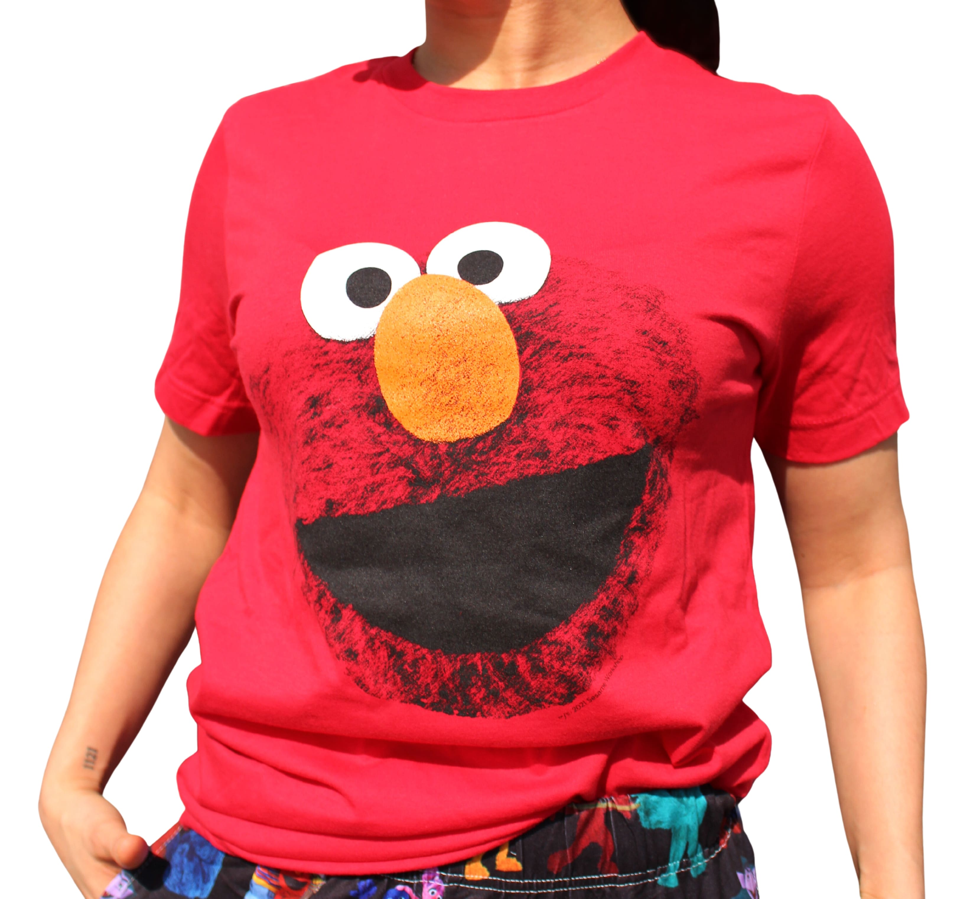 Sesame Street Elmo shirt on model front view