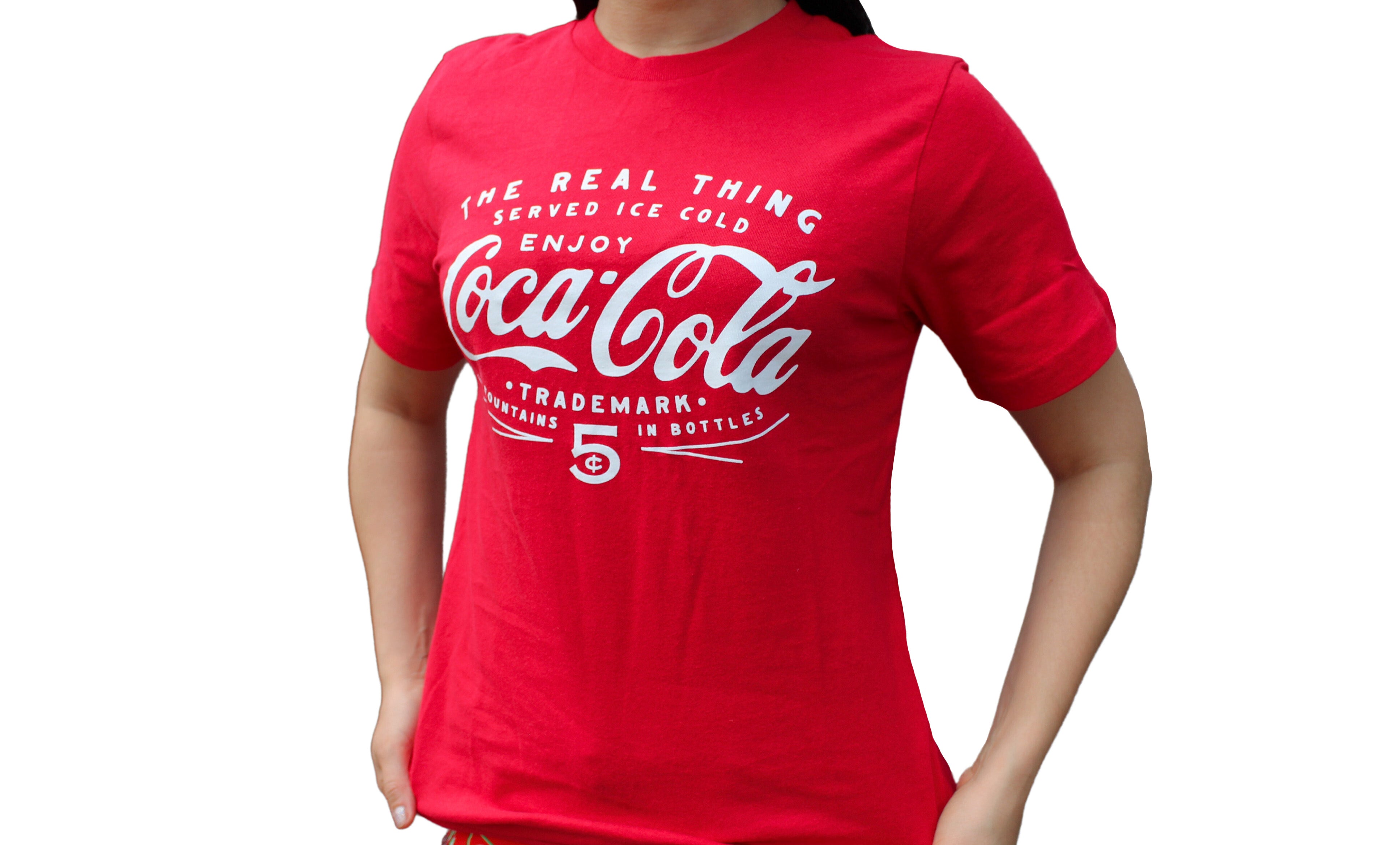 Coca-Cola Classic Vintage Red Short Sleeve T-Shirt on model (front/side angle view)