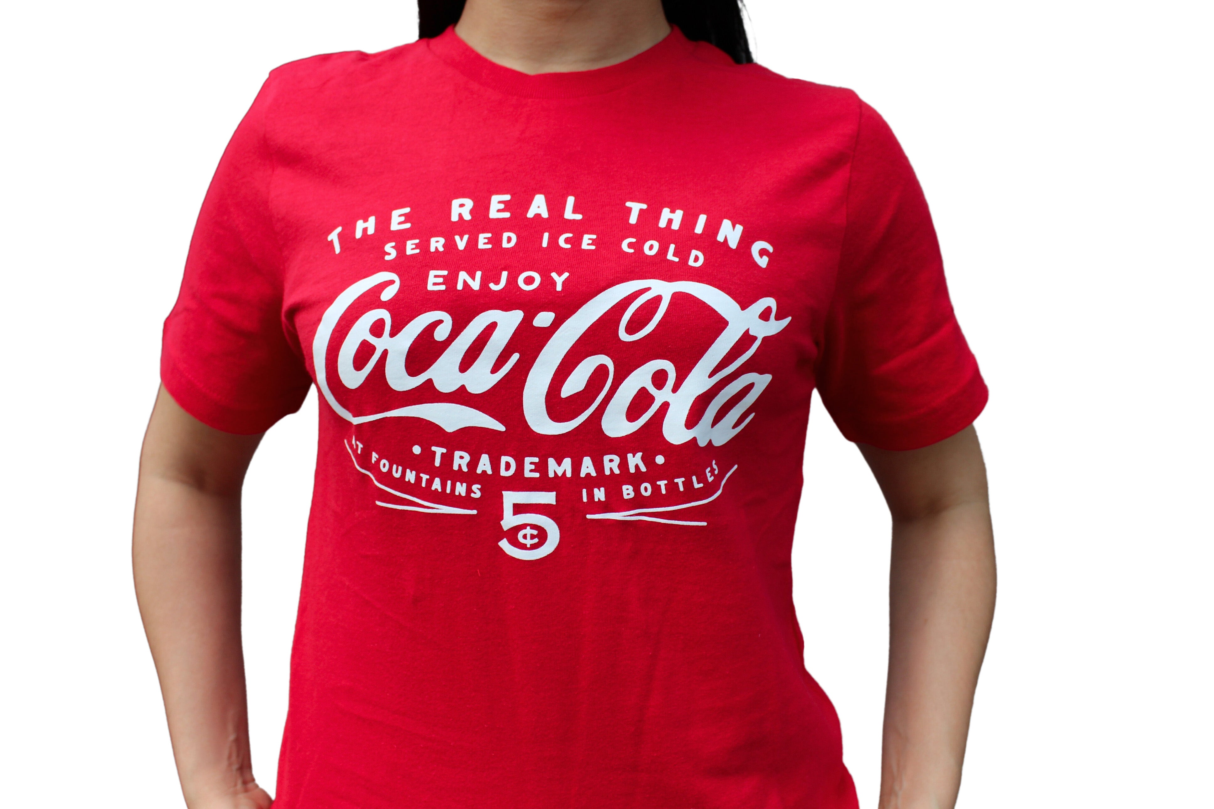 Coca-Cola Classic Vintage Red Short Sleeve T-Shirt on model (front close up view)