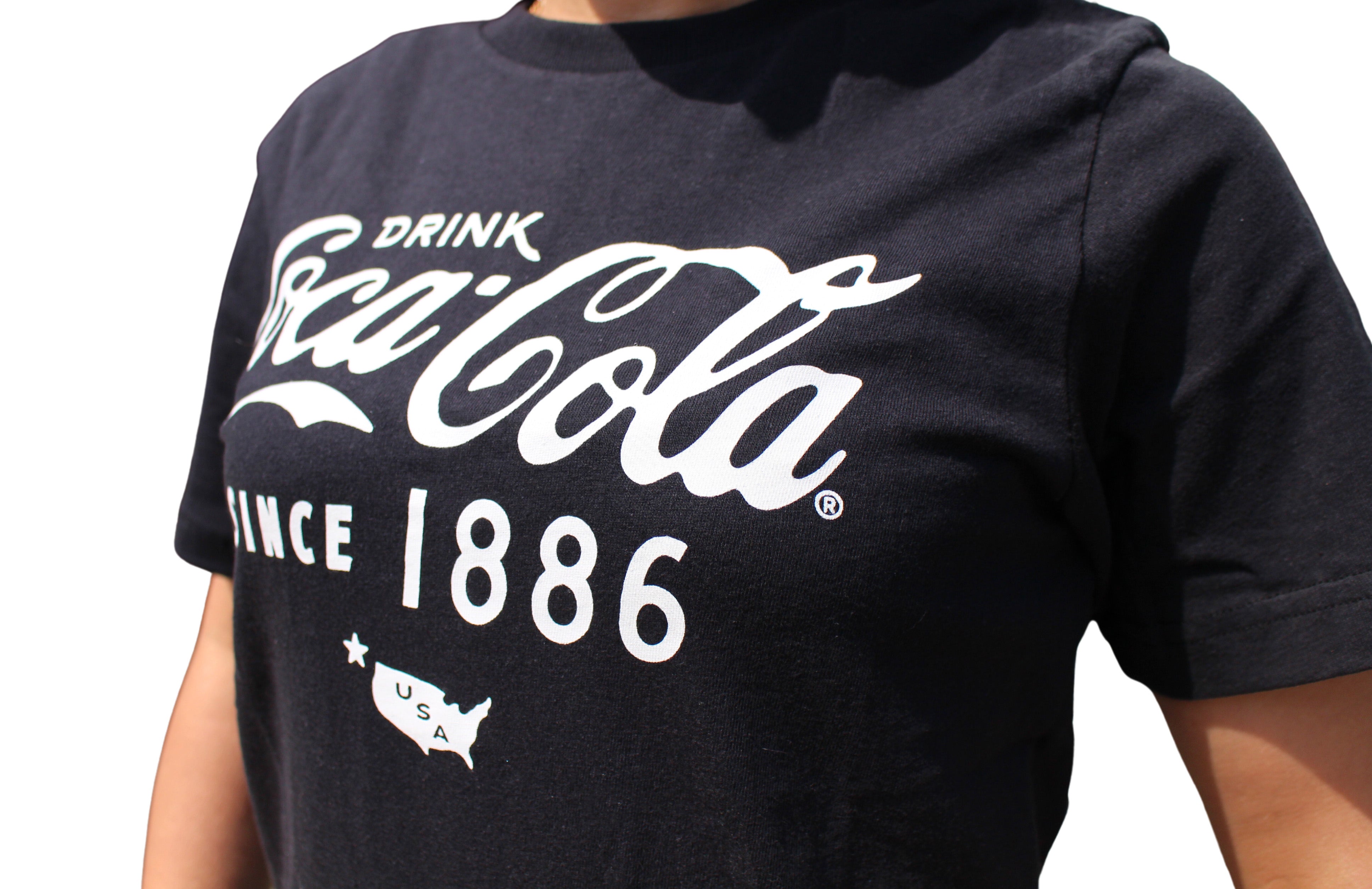BRIEF INSANITY Coca-Cola Classic Vintage Black Short Sleeve T-shirt Close Up Front/Side Angle View
