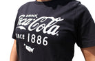 BRIEF INSANITY Coca-Cola Classic Vintage Black Short Sleeve T-shirt Close Up Front/Side Angle View