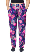 Waist down photo of model wearing Flamingo pajama lounge pants front view (white background)