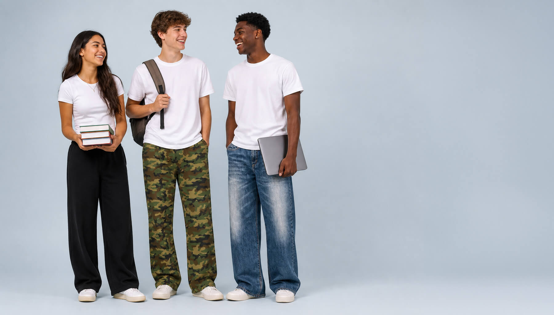 Three young students standing together against a light blue-gray studio background. The woman on the left holds a stack of books, the man in the center wears camouflage pants and carries a backpack, and the man on the right wears blue jeans and holds a laptop.
