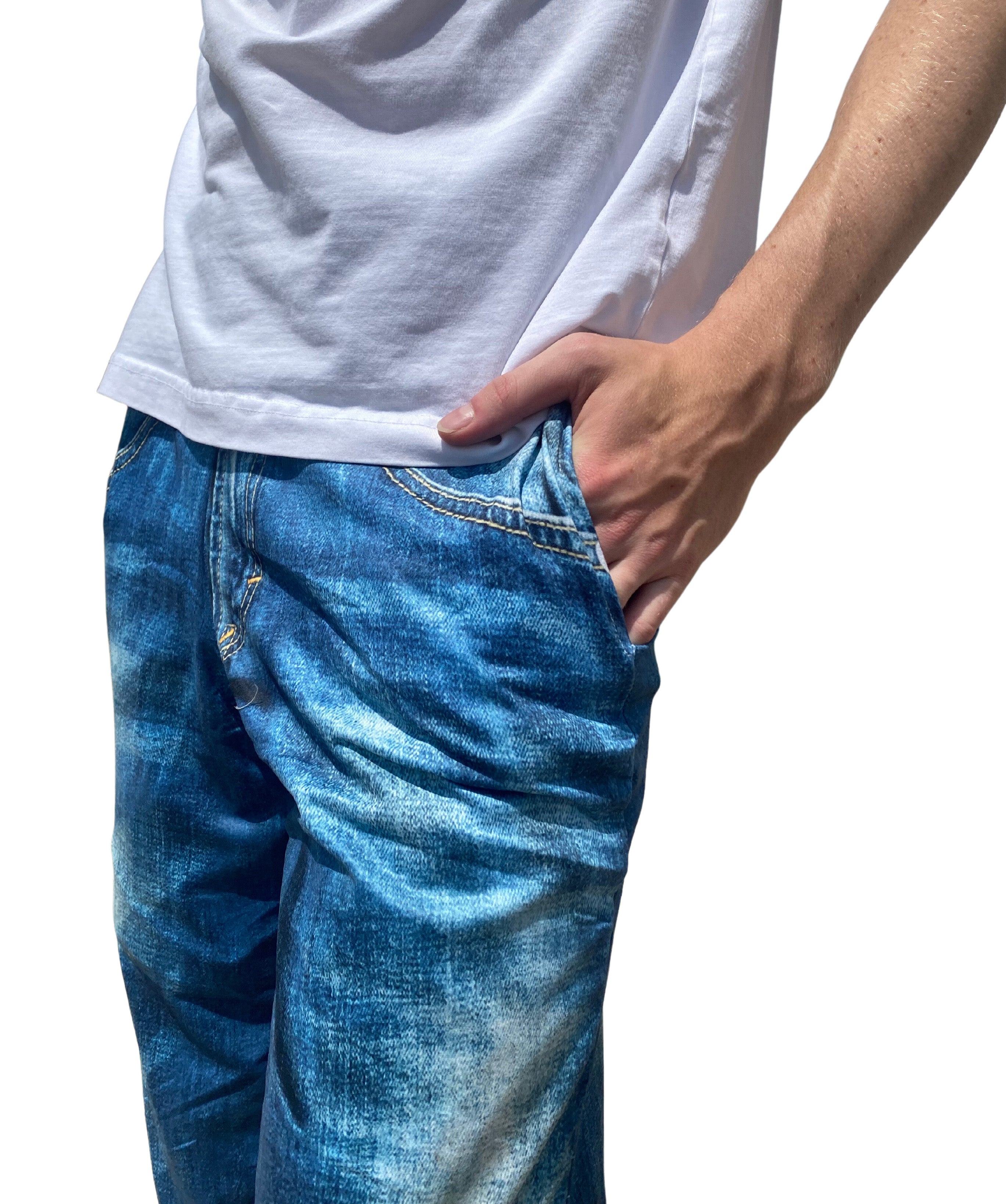  Blue Jeans Pajama Lounge Pants close up view of right pocket side on model 