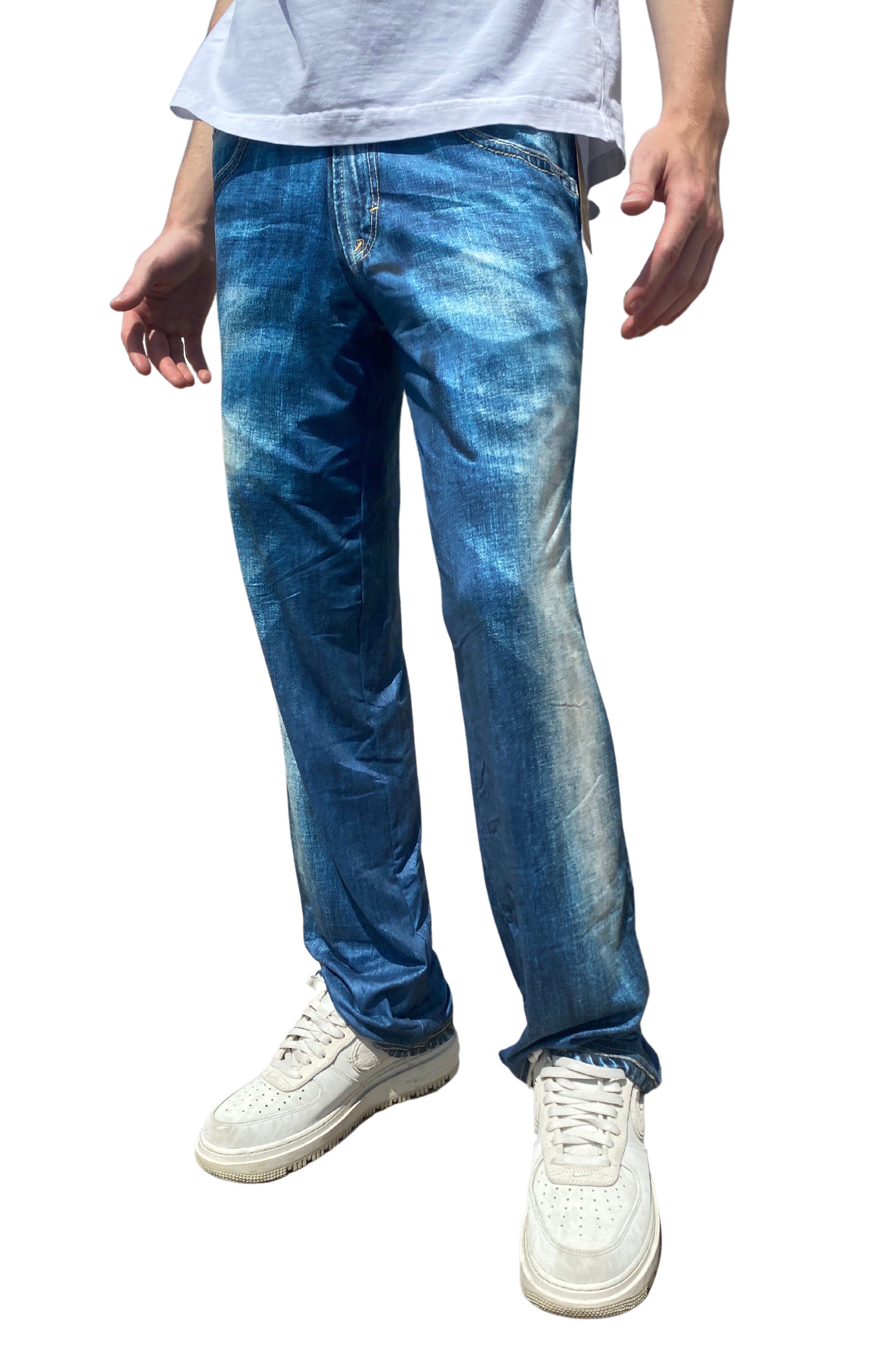 Blue Jeans Pajama Lounge Pants left side view on model (waist down)