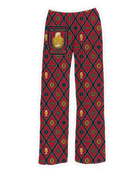 Butterbeer-themed pajama pants featuring vintage-style Butterbeer mug patterns in red, gold, and navy colors, perfect for Harry Potter fans.