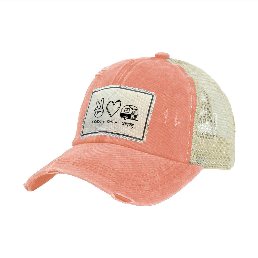 BRIEF INSANITY Peace Love Camping Vintage Distressed Trucker Adult Hat