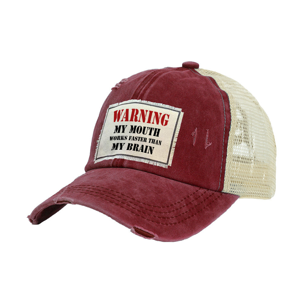 BRIEF INSANITY Warning My Mouth Works Faster Than My Brain Vintage Distressed Trucker Adult Hat