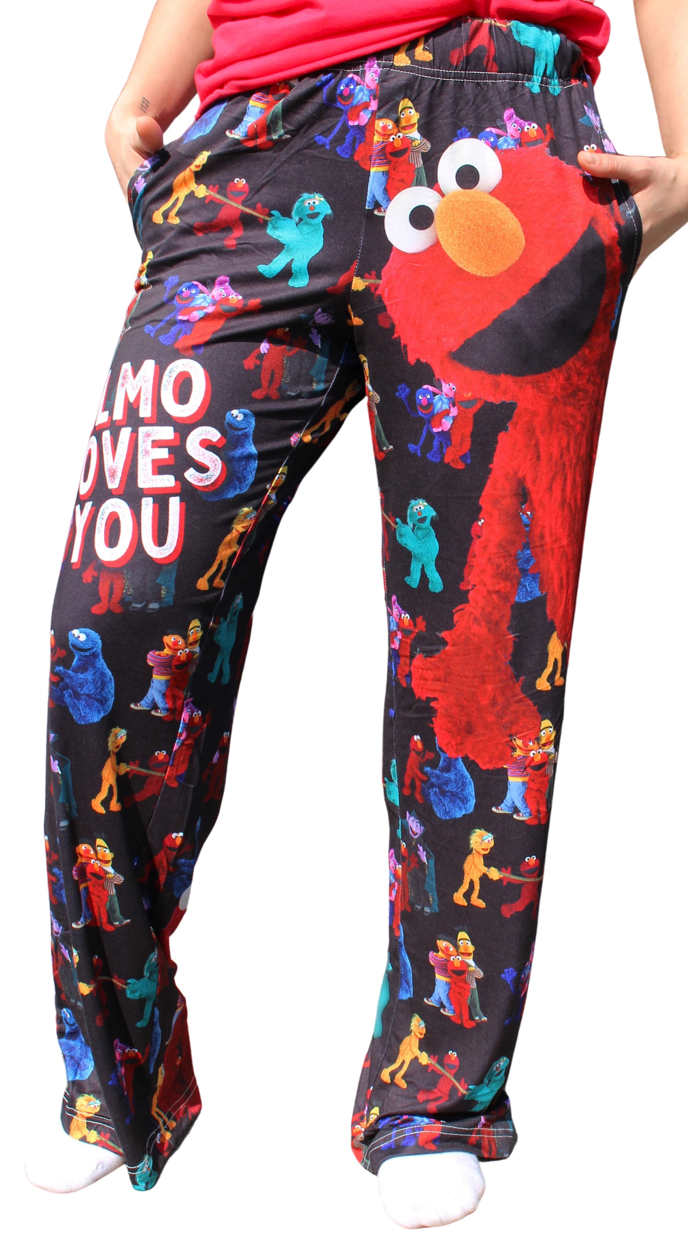 Sesame Street Elmo pants on model front view