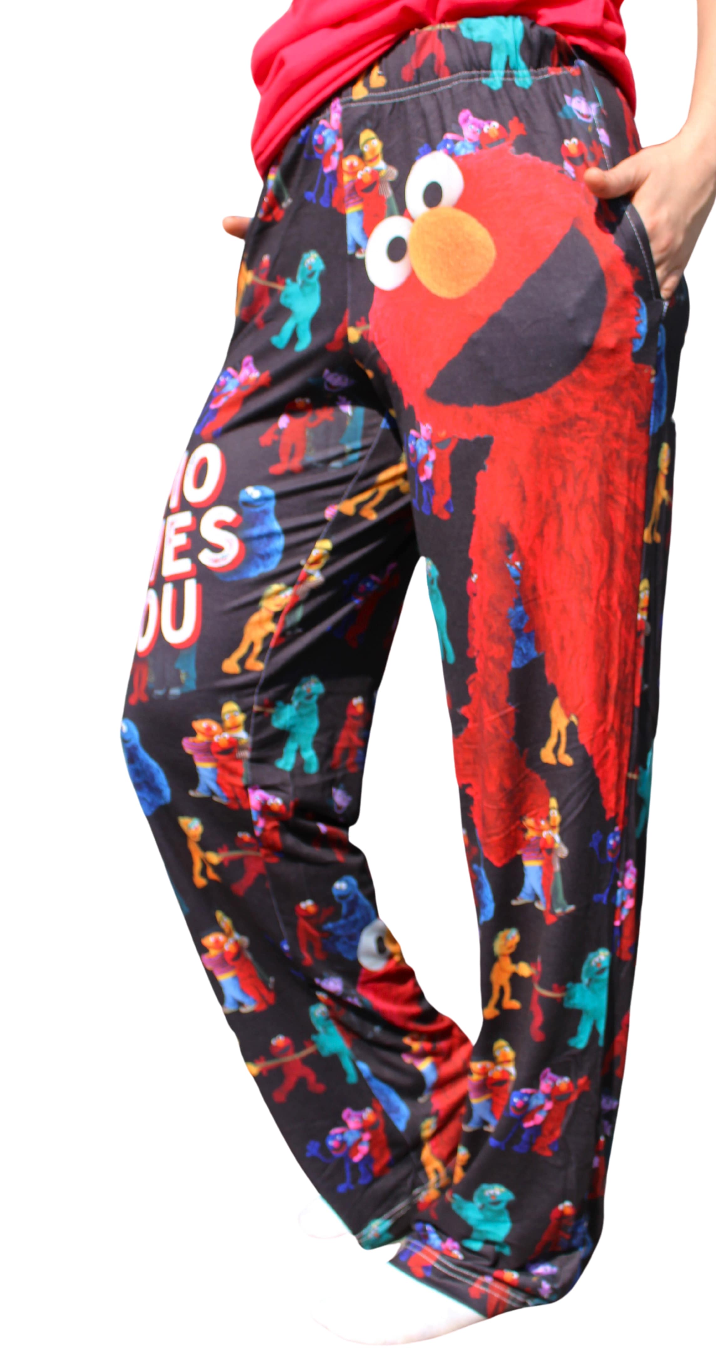 Sesame Street Elmo pants on model side view