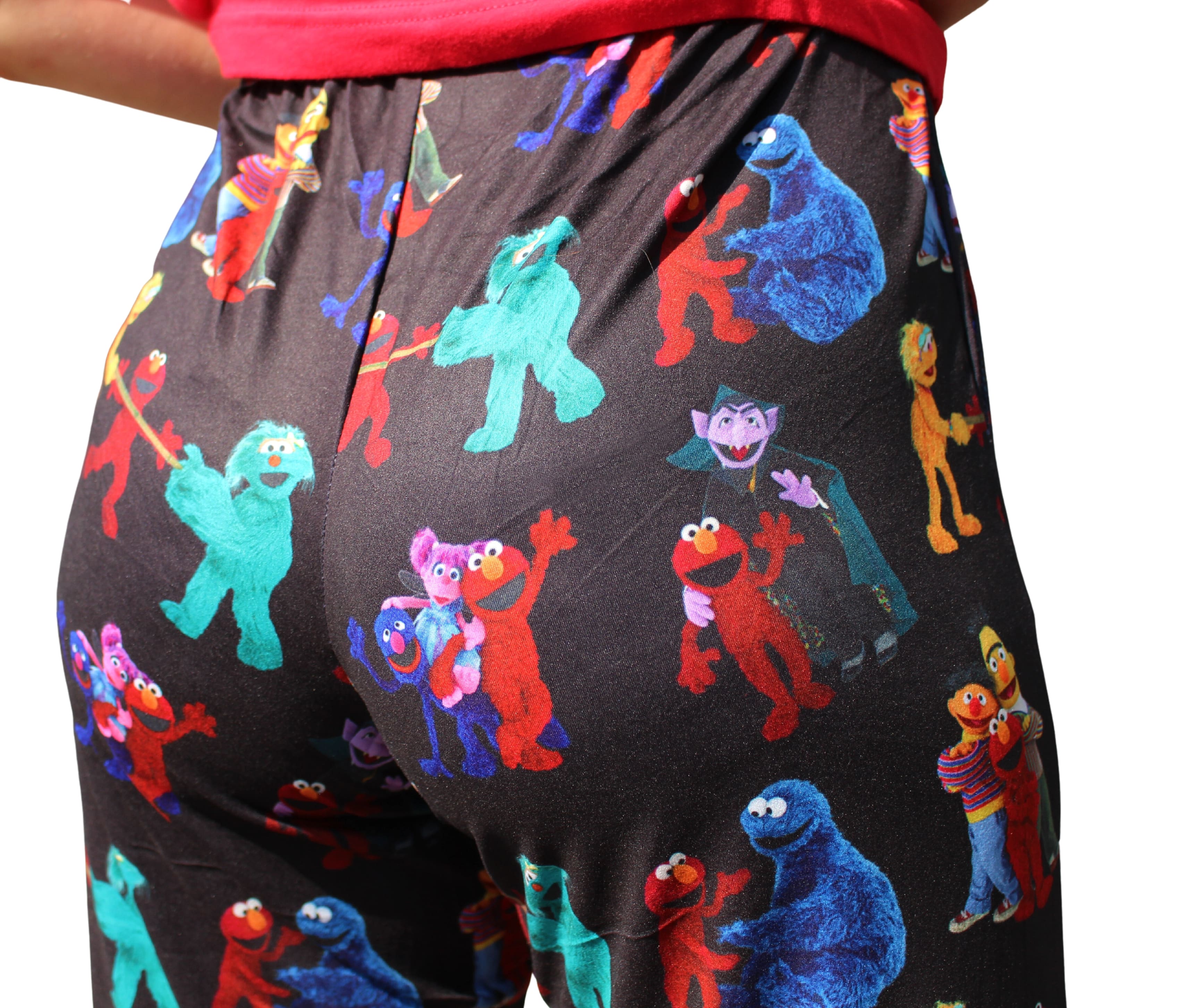 Sesame Street Elmo pants on model close up back view