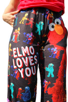 Sesame Street Elmo pants on model close up front view