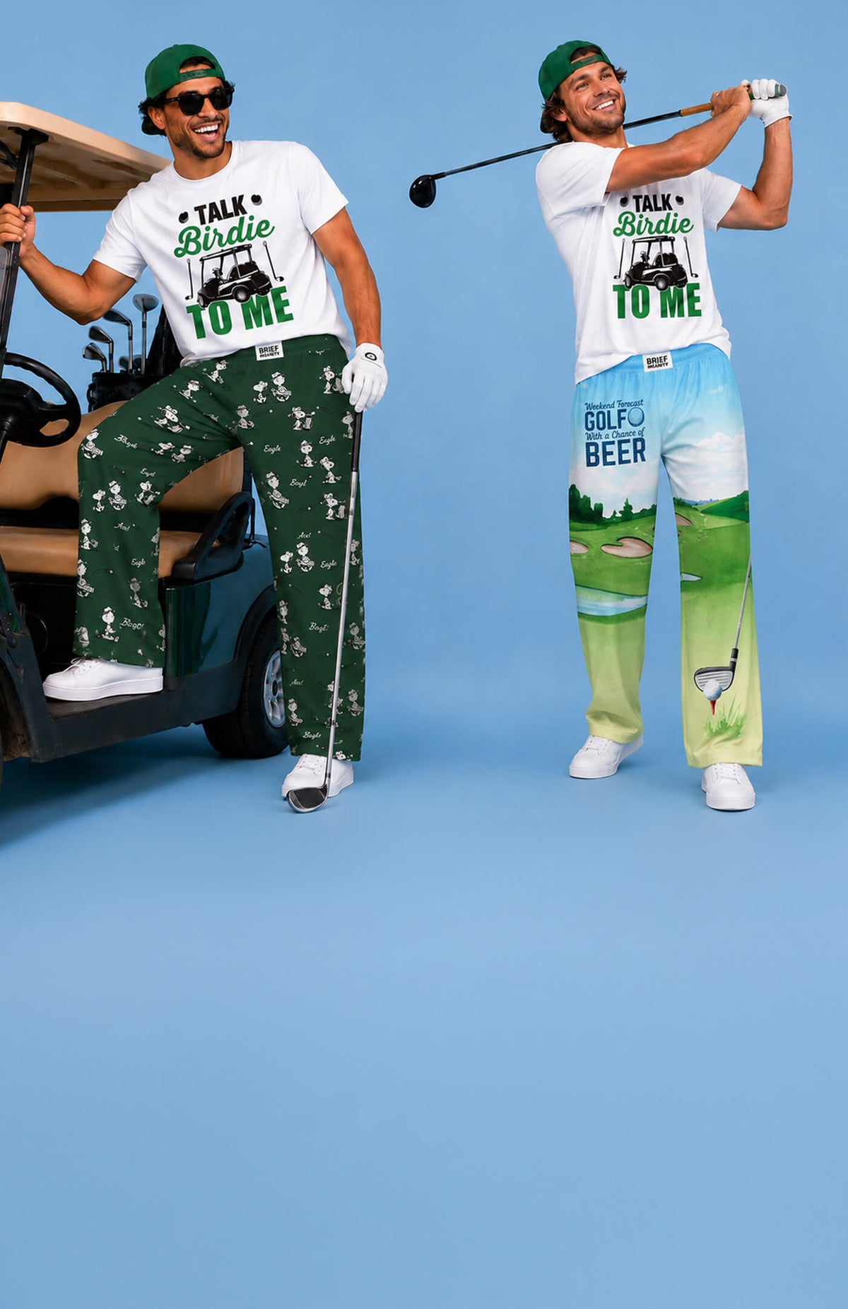 Two men modeling matching golf-themed graphic t-shirts and patterned pants against a solid blue studio background. One man stands next to a golf cart, and the other is mid-swing with a golf club.