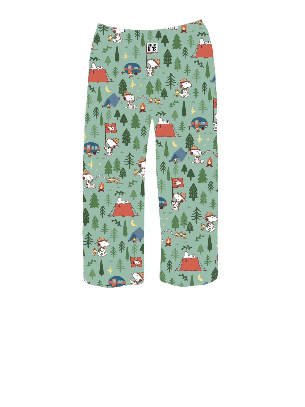 Briefly Kids Snoopy Camping Lounge Pants – Adorable green pajama pants featuring an allover print of Snoopy and Woodstock camping, roasting marshmallows, and enjoying nature. Perfect for young Peanuts fans and outdoor adventurers.