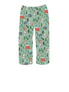 Briefly Kids Snoopy Camping Lounge Pants – Adorable green pajama pants featuring an allover print of Snoopy and Woodstock camping, roasting marshmallows, and enjoying nature. Perfect for young Peanuts fans and outdoor adventurers.