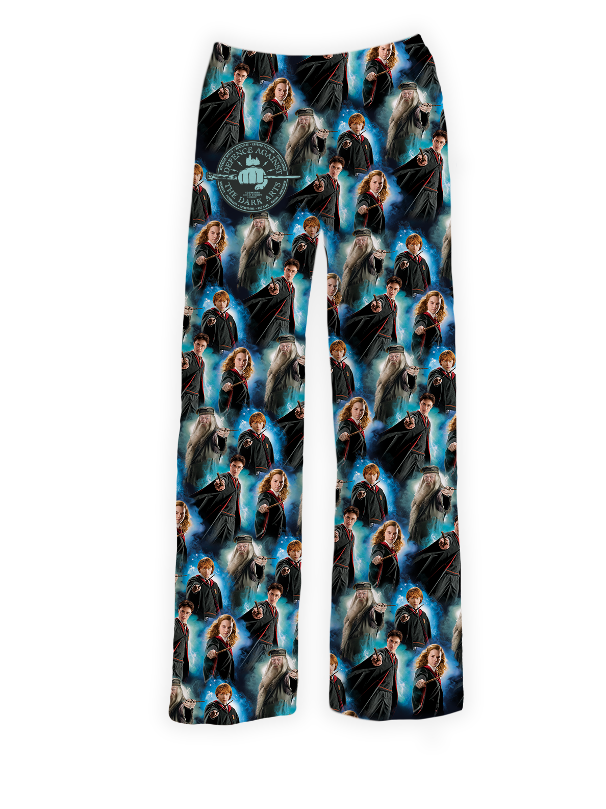 Harry Potter Defense Against the Dark Arts pajama pants featuring Harry, Hermione, Ron, and Dumbledore – Warner Bros. Discovery