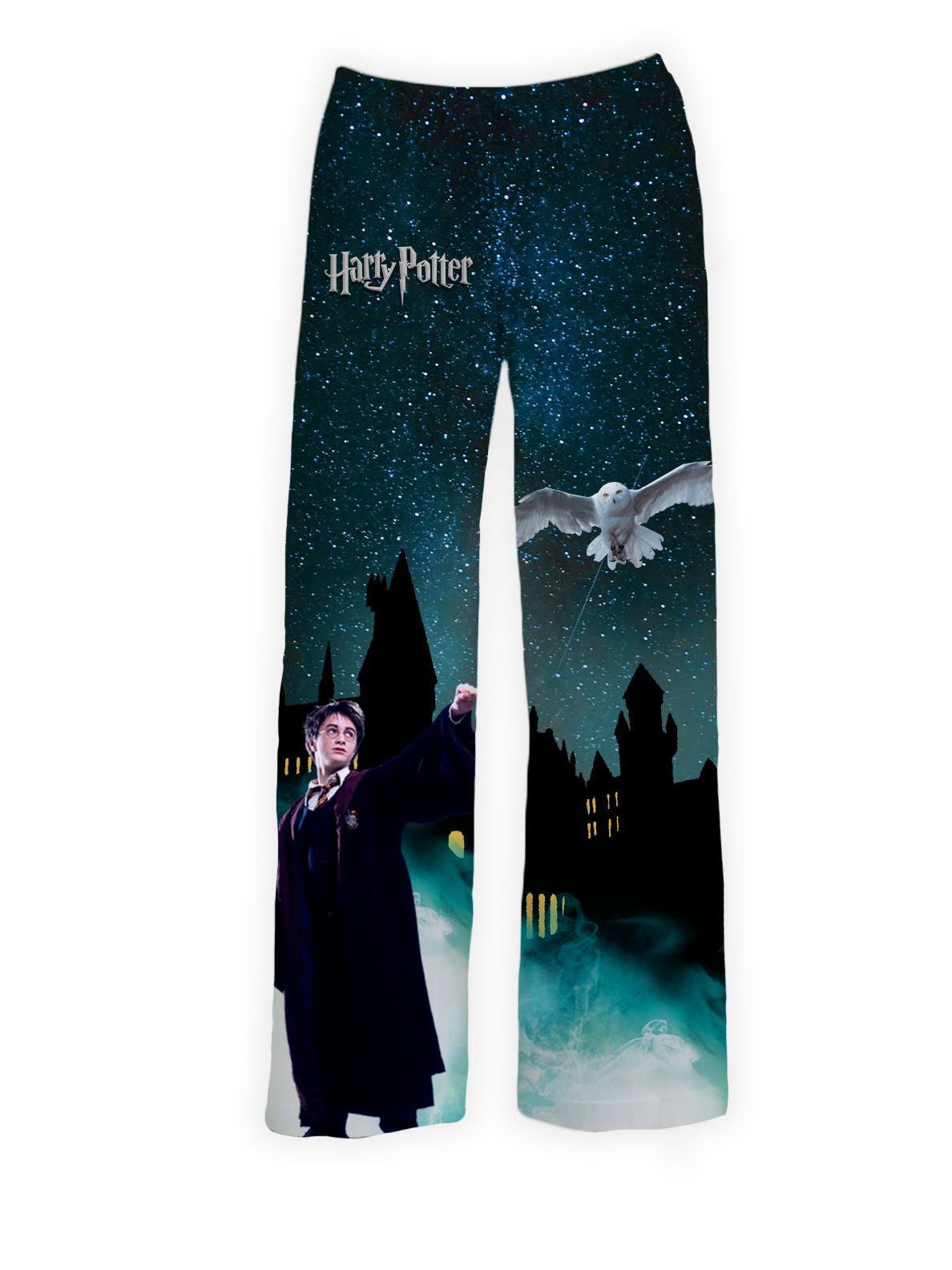 Harry Potter pajama pants with Hedwig flying over Hogwarts and Harry casting a spell – Warner Bros. Discovery