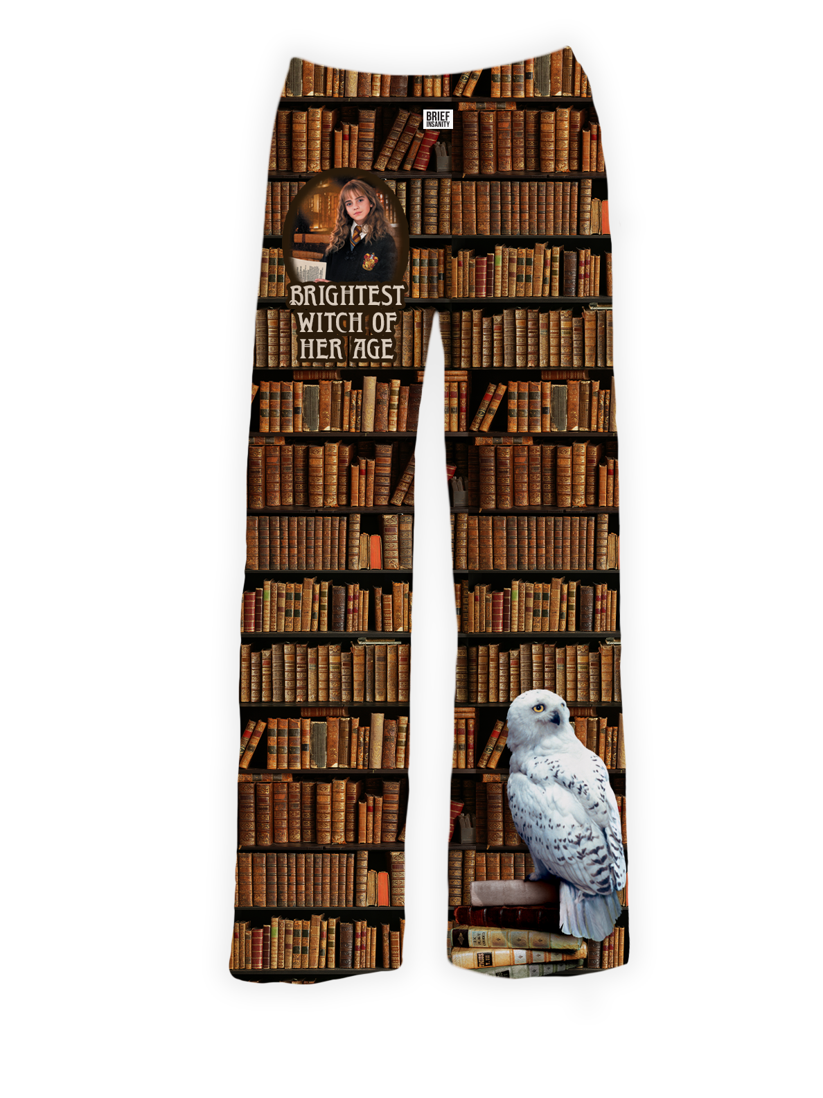 Hermione Granger pajama pants featuring a book-filled background and Hedwig on a stack of books – Warner Bros. Discovery