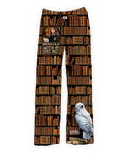 Hermione Granger pajama pants featuring a book-filled background and Hedwig on a stack of books – Warner Bros. Discovery