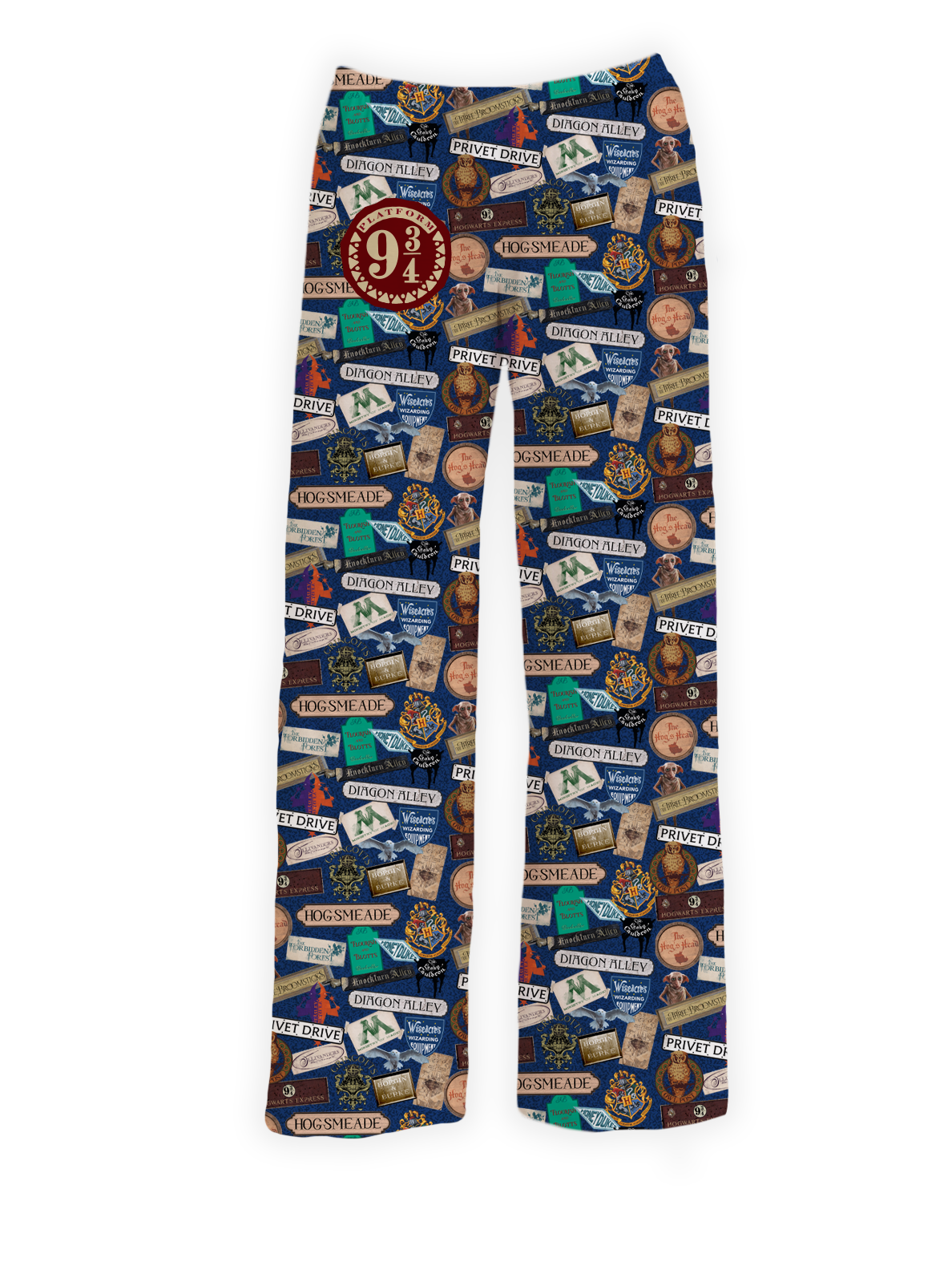 Magical Locations pajama pants showcasing Hogwarts, Diagon Alley, and Platform 9¾ icons – Warner Bros. Discovery