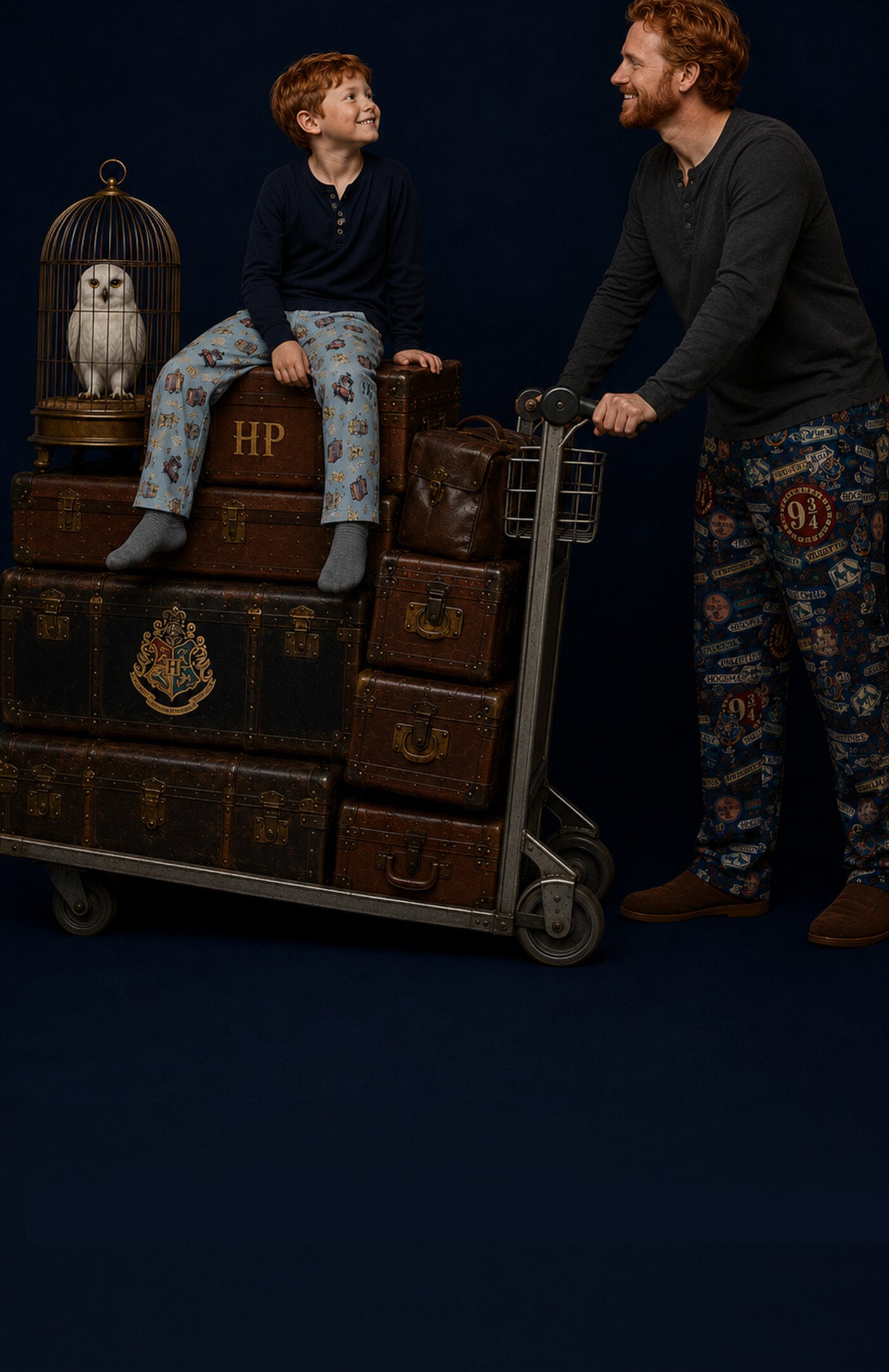 A man and a boy wearing matching dark patterned Harry Potter pajamas pose with vintage brown luggage and a birdcage owl against a dark navy studio background.