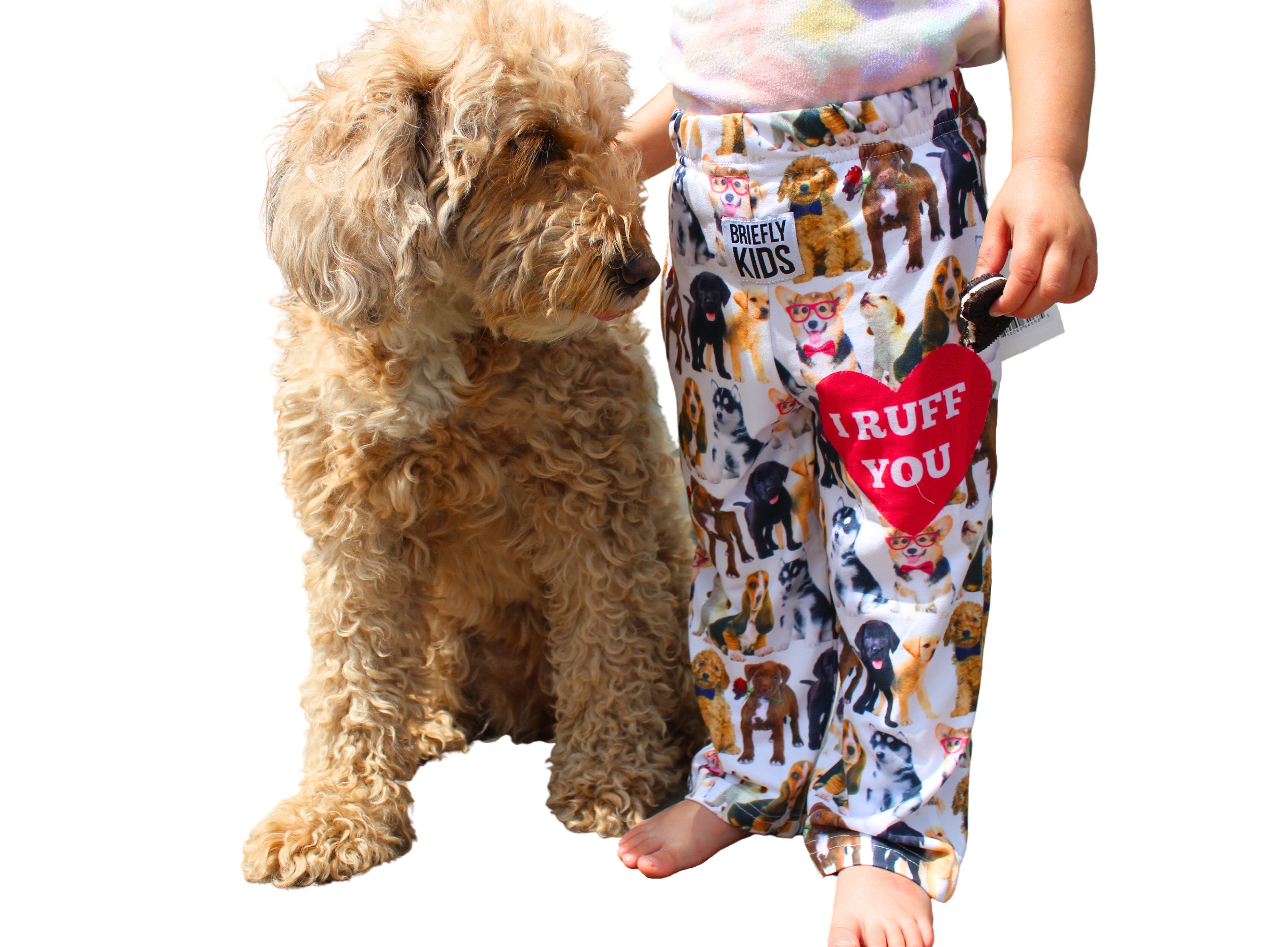 Briefly Kids | I Ruff You Pajama Lounge Pants on toddler standing next to goldendoodle dog 