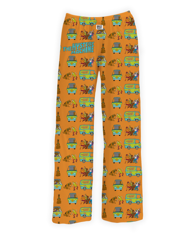 Scooby-Doo Mystery Machine Pajama Pants featuring an allover print of Scooby, Shaggy, Fred, Daphne, Velma, and the iconic Mystery Machine van on a vibrant orange background.