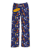 Seinfeld Icons Pajama Pants featuring colorful graphics of classic show references including the Seinfeld logo, pretzels, cereal, the puffy shirt, and iconic episode icons on a navy blue background – Warner Bros. Discovery.