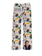Seinfeld Show Pajama Pants featuring colorful graphics of the main cast, Seinfeld logo, iconic show references, and memorable quotes like 'A Show About Nothing' on a light beige background – Warner Bros. Discovery.