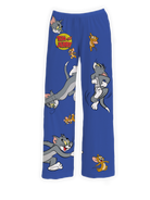Tom & Jerry Pajama Pants featuring colorful all-over prints of Tom and Jerry in playful chase poses with the Tom & Jerry logo on a vibrant blue background – Warner Bros. Discovery.