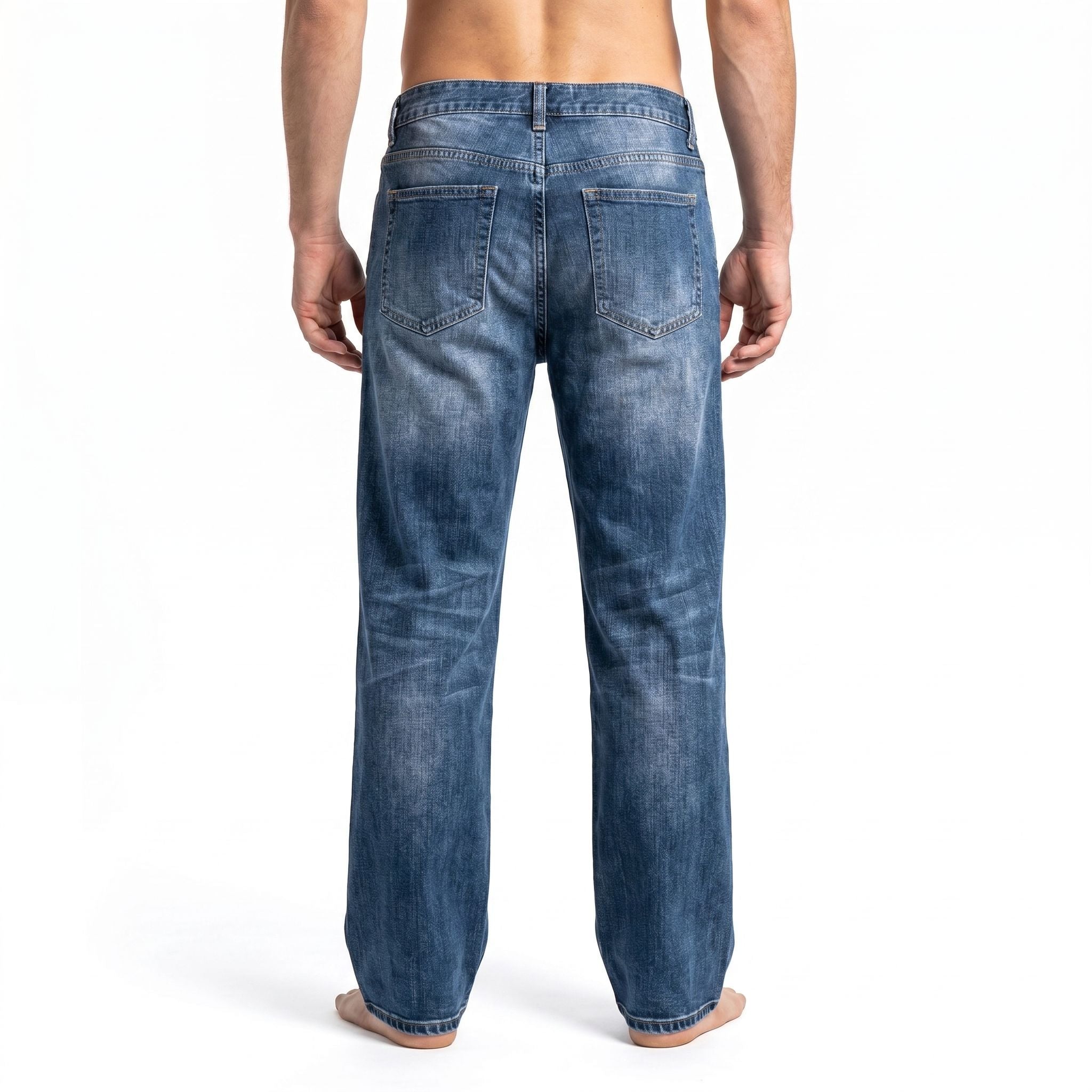 Back view of model in blue jeans illusion lounge pants with detailed print on a white background, cropped from waist to ankles.
