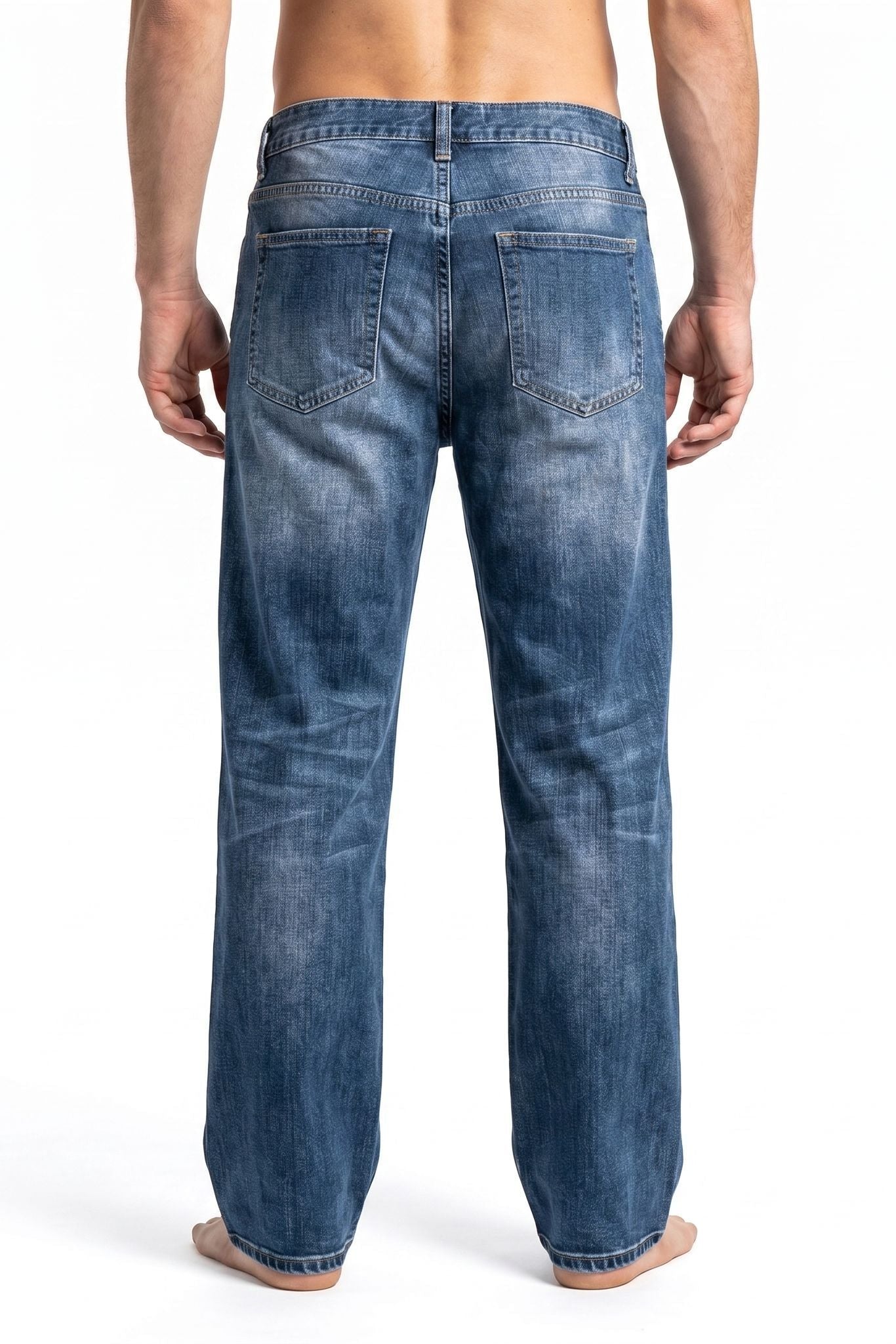 Back view of model in blue jeans illusion lounge pants with detailed print on a white background, cropped from waist to ankles.