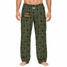 Male model wearing Bigfoot plaid lounge pants with Bigfoot National Forest patch on a white background.