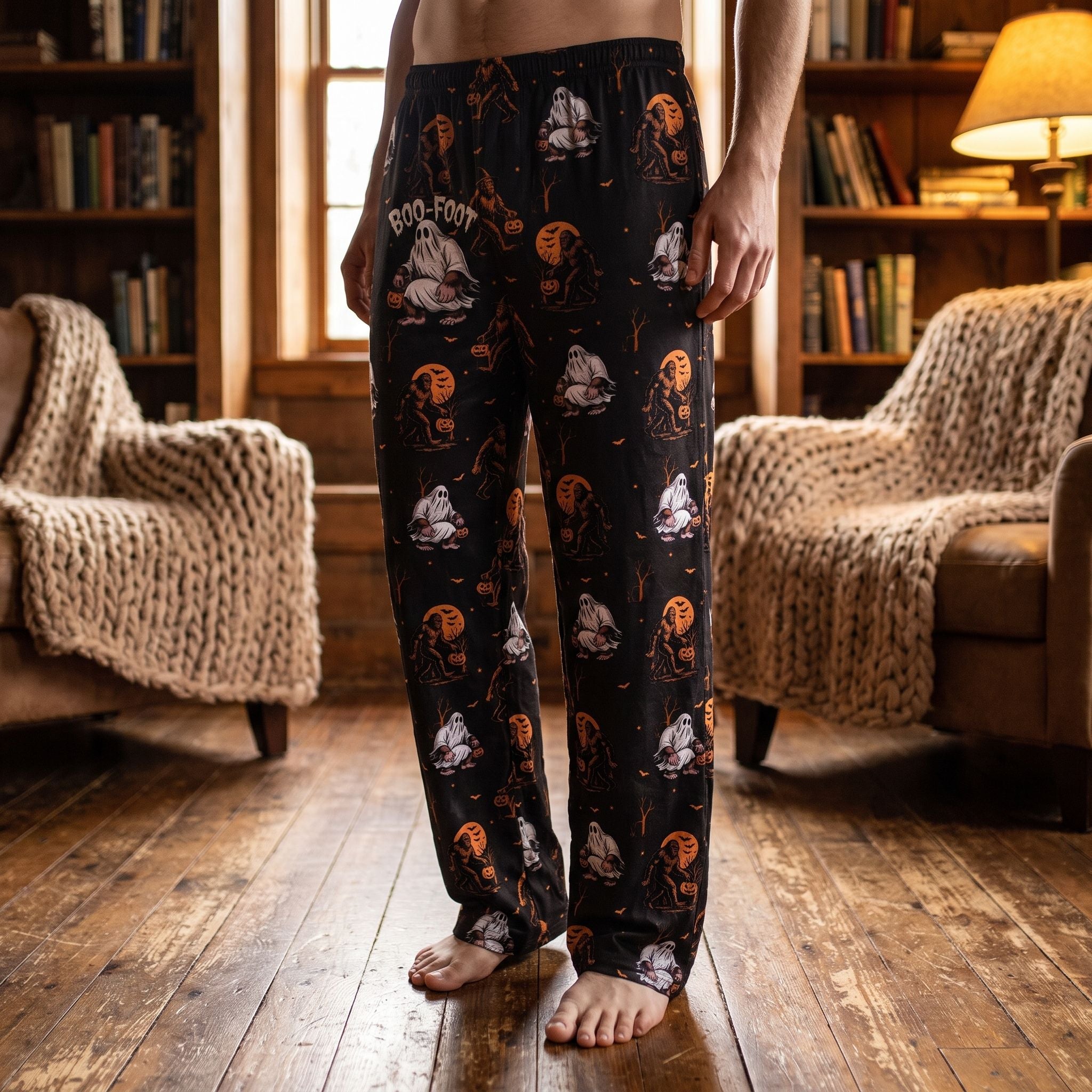 Full-body view of Boofoot Orange Halloween Lounge Pants worn by a person in a cozy rustic room with warm lighting