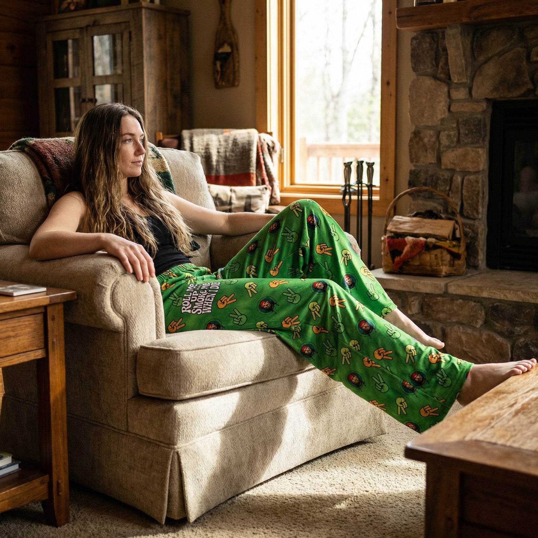 Full-body of a person lounging in Willie Nelson Lounge Pants in a cozy living room with rustic furniture and textured textiles, natural daylight.