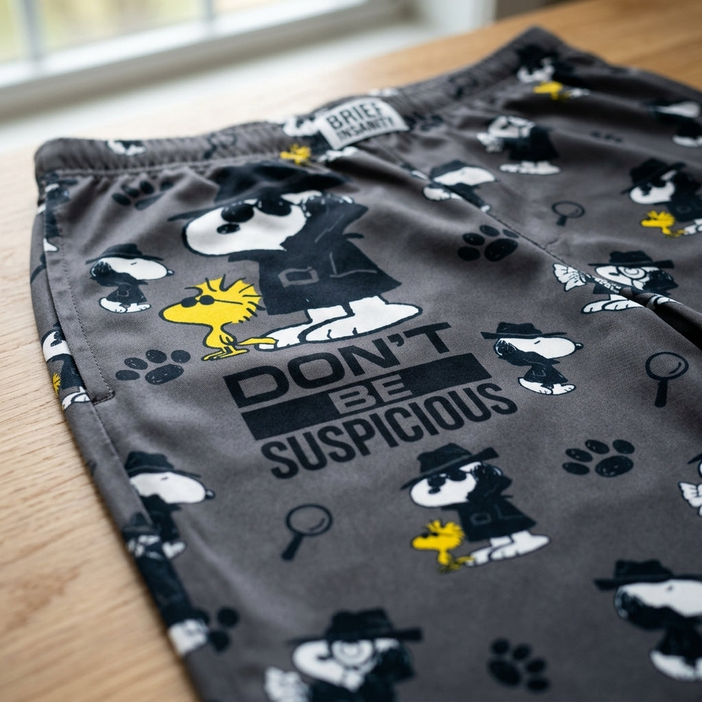 Macro view of Detective Snoopy Lounge Pants fabric texture showcasing Snoopy and Woodstock print, paw prints, magnifying glasses on charcoal background.