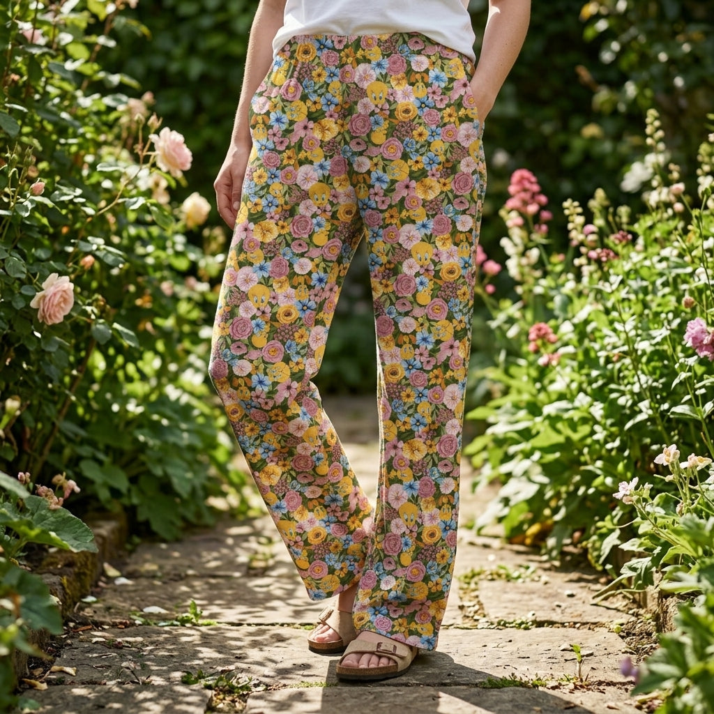 Macro shot of Floral Tweety Lounge Pants highlighting the intricate floral print and Tweety Bird accents with a blurred garden background.