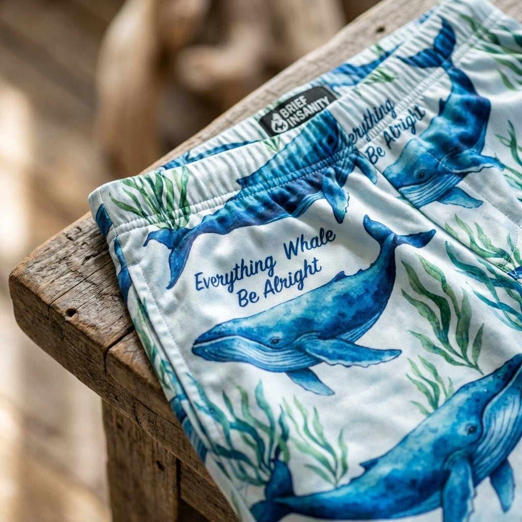 High-resolution close-up of Everything Whale Be Alright Lounge Pants fabric showing detailed blue whale and seaweed print with natural lighting.