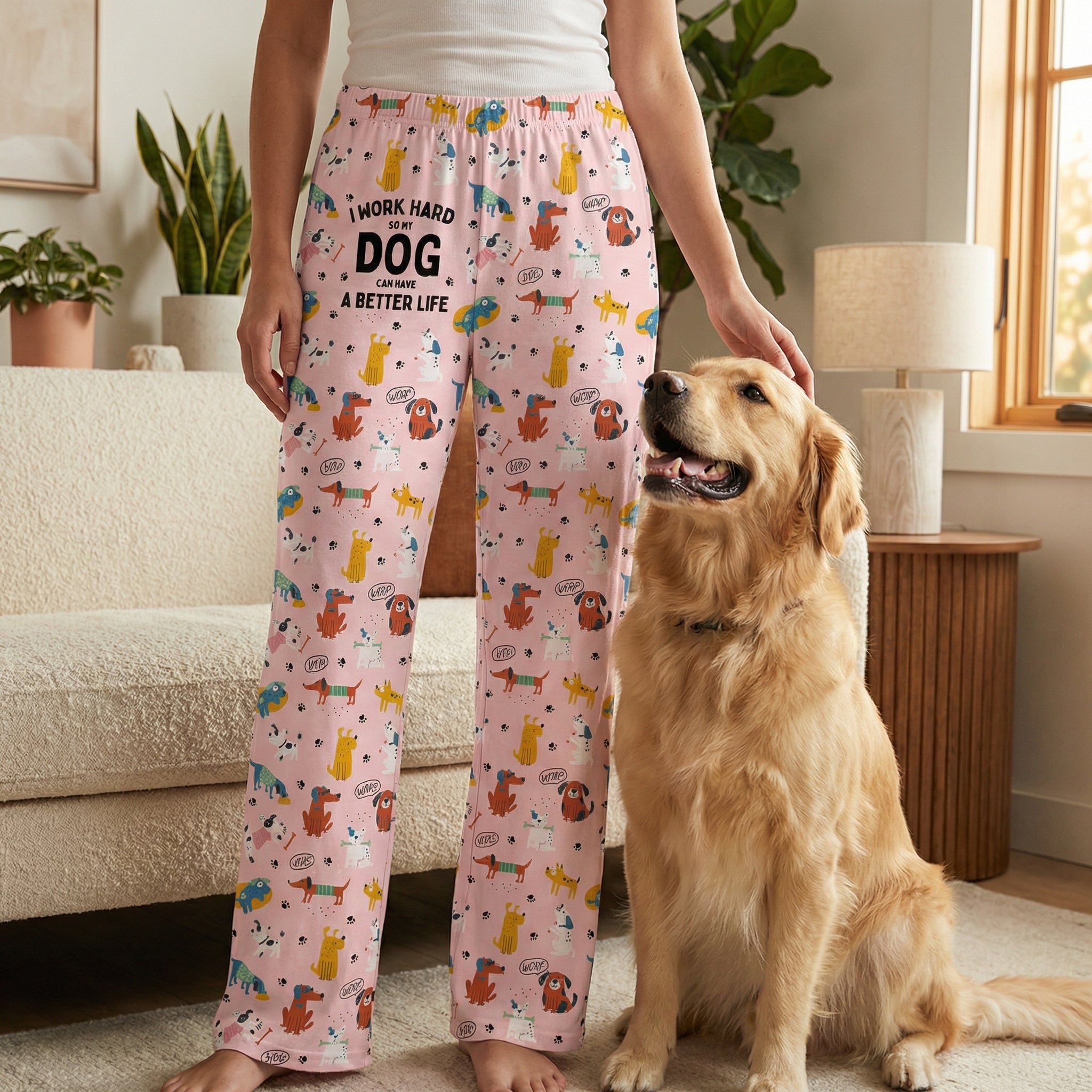 Male and female models standing in living room wearing matching dog print lounge pants, with a friendly dog beside them.