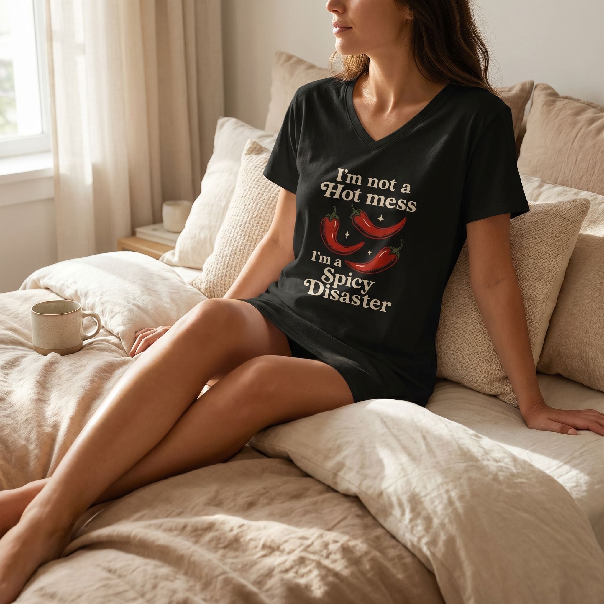 Relaxed woman wearing a Spicy Disaster Night Shirt with chili graphic, seated on a bed in a cozy bedroom with natural morning light.