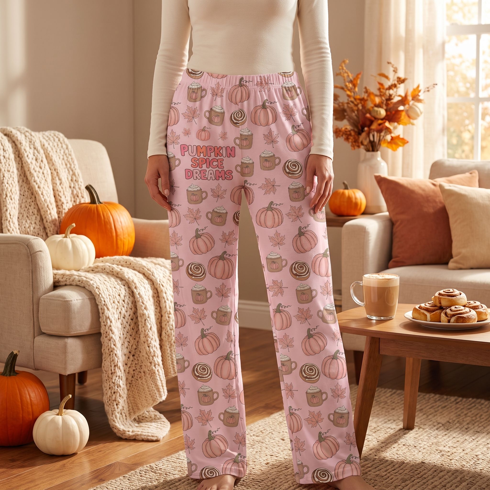 Female model wearing Pumpkin Spice Dreams lounge pants in cozy autumn home setting with pumpkins and fall foliage.