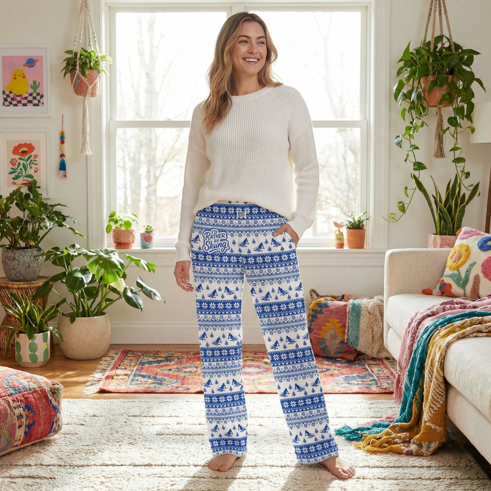Model wearing I'd Rather Be Skiing lounge pants in a colorful living room with plants and playful decor, highlighting the Nordic-inspired winter pattern.