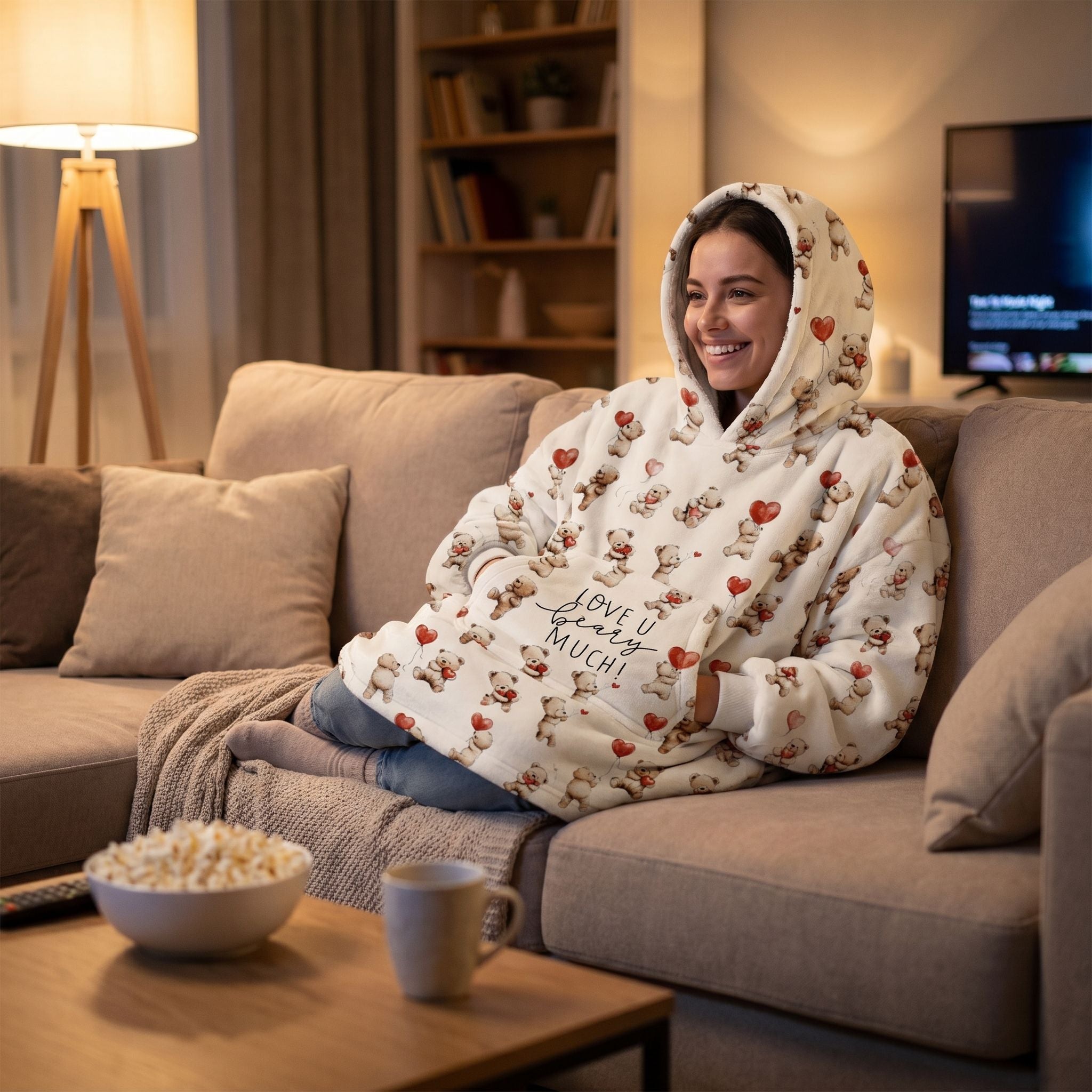 Woman cuddling in oversized blanket hoodie featuring teddy bears, hearts, and balloons during movie night.