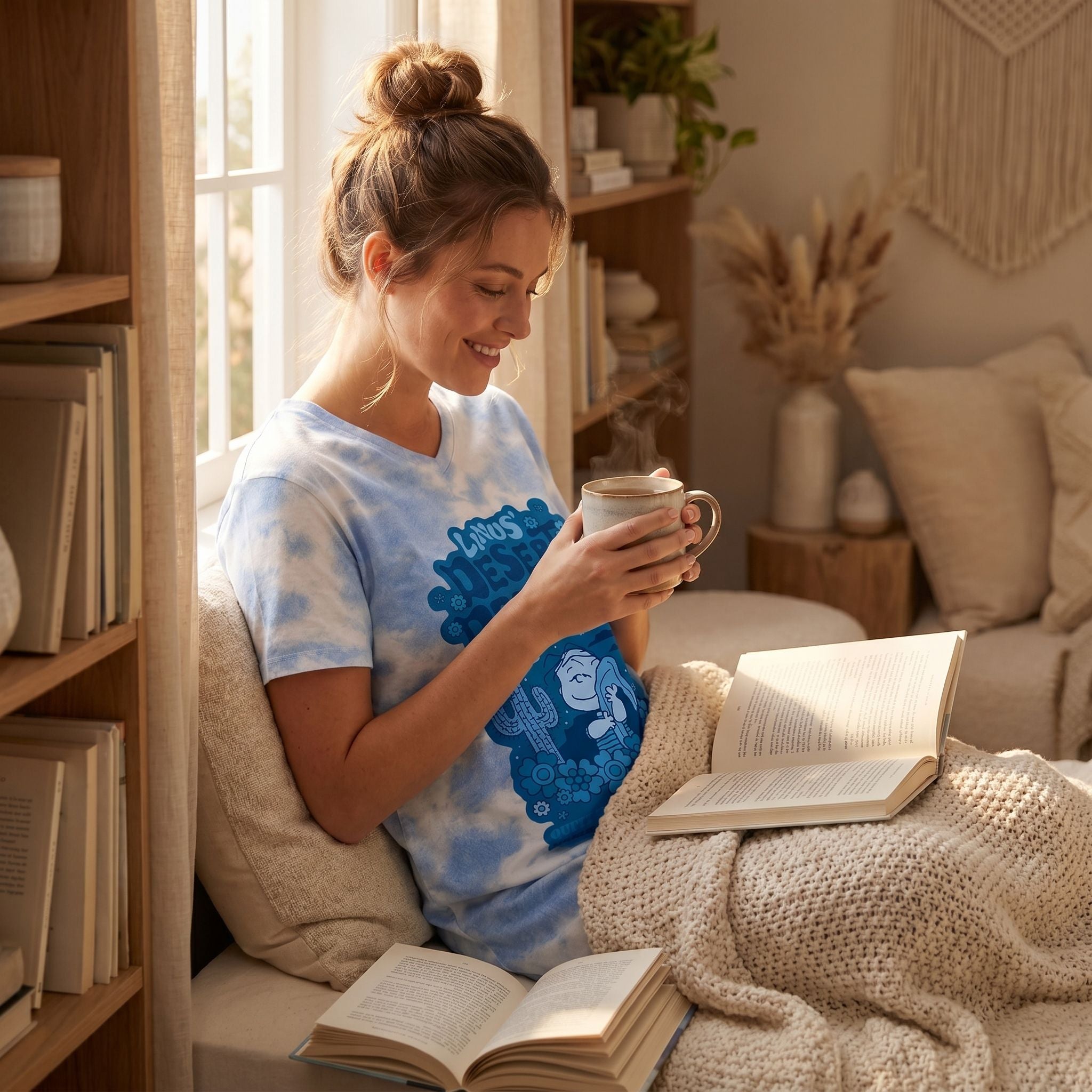 Woman wearing Linus' Desert Dreams Night Shirt, reading in a cozy nook with books, blanket, and tea under warm lighting.
