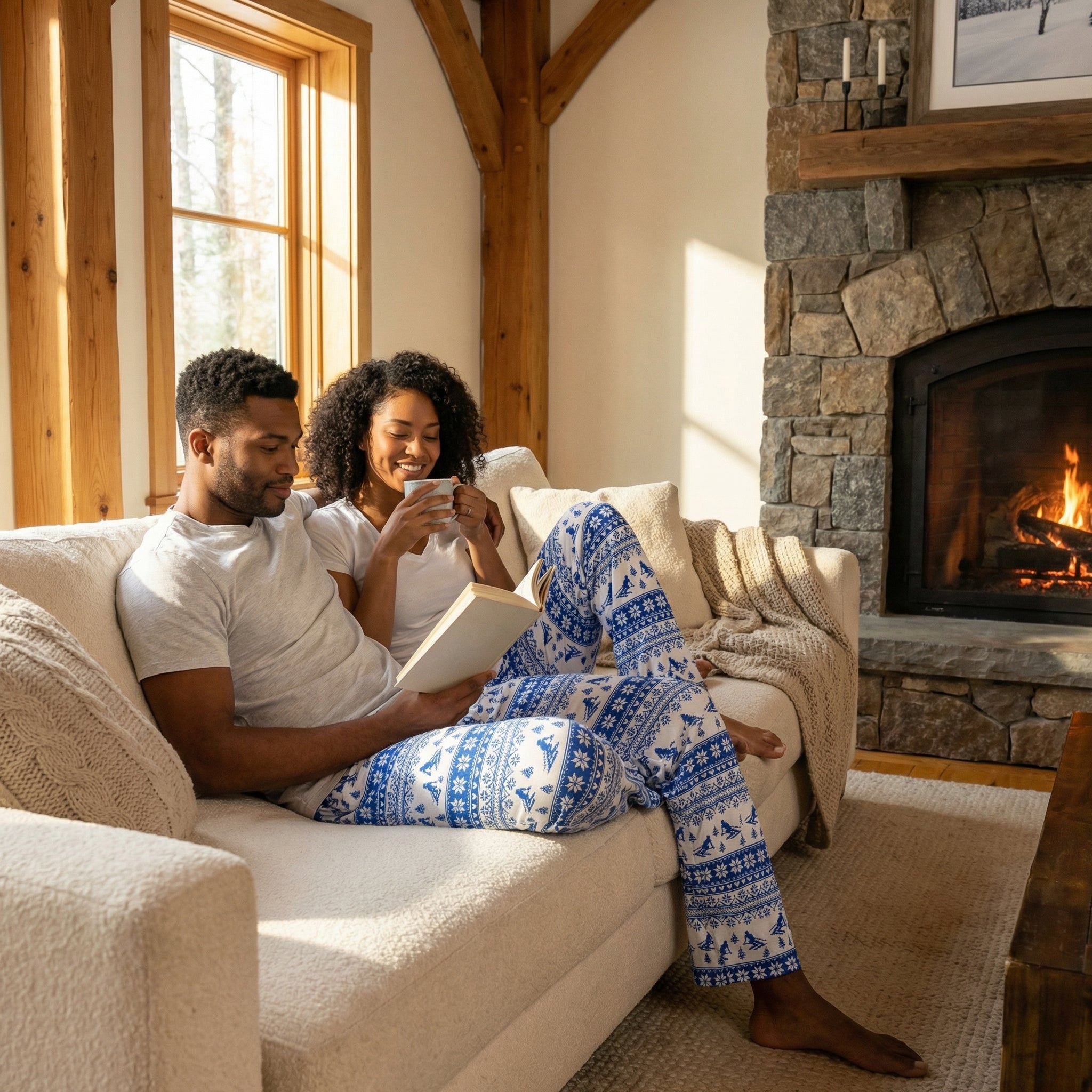 Male and female models in unisex skiing lounge pants, seated on a sofa in a warm, well-lit living room setting.