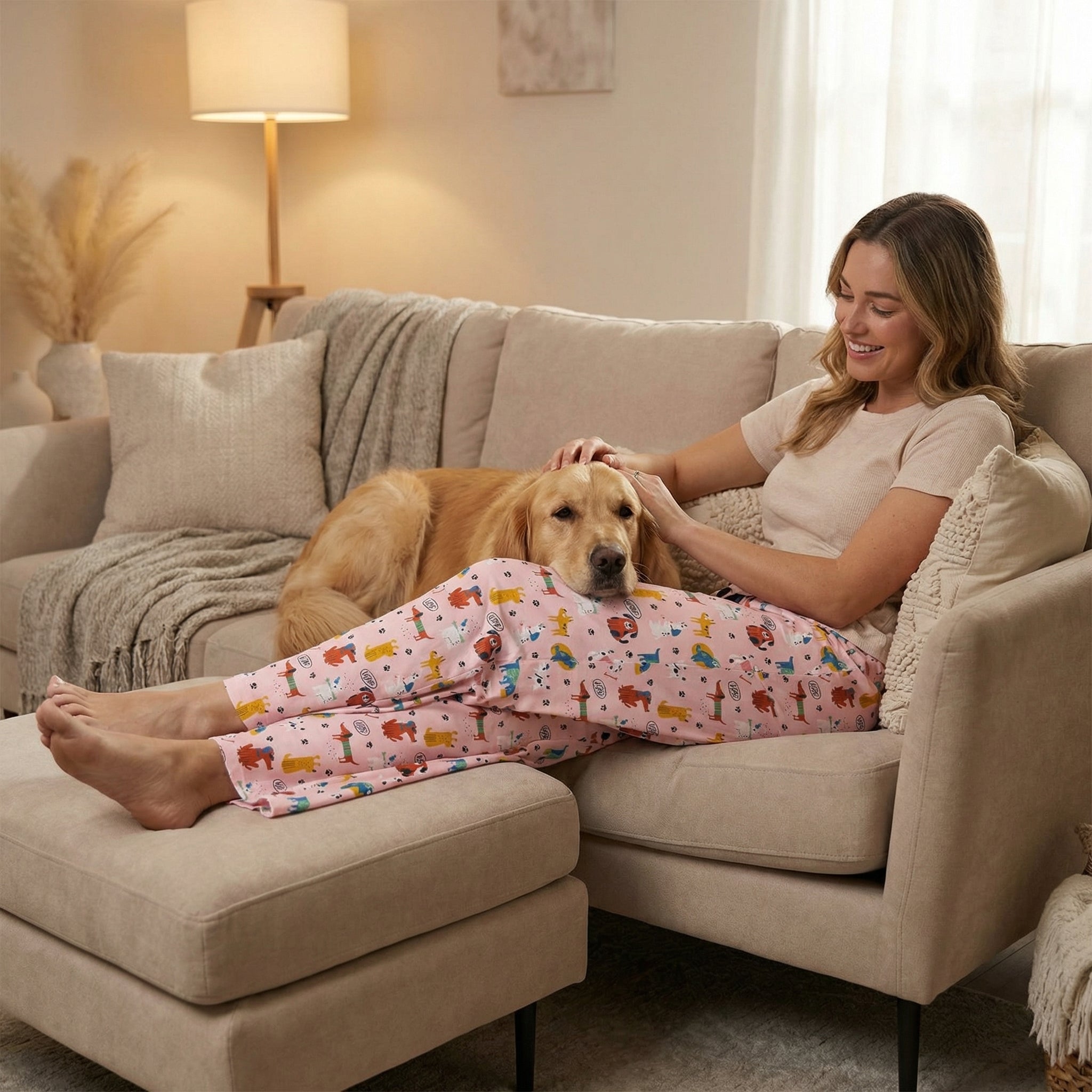Female model relaxing on sofa wearing dog-themed lounge pants gently petting a dog, cozy living room scene.